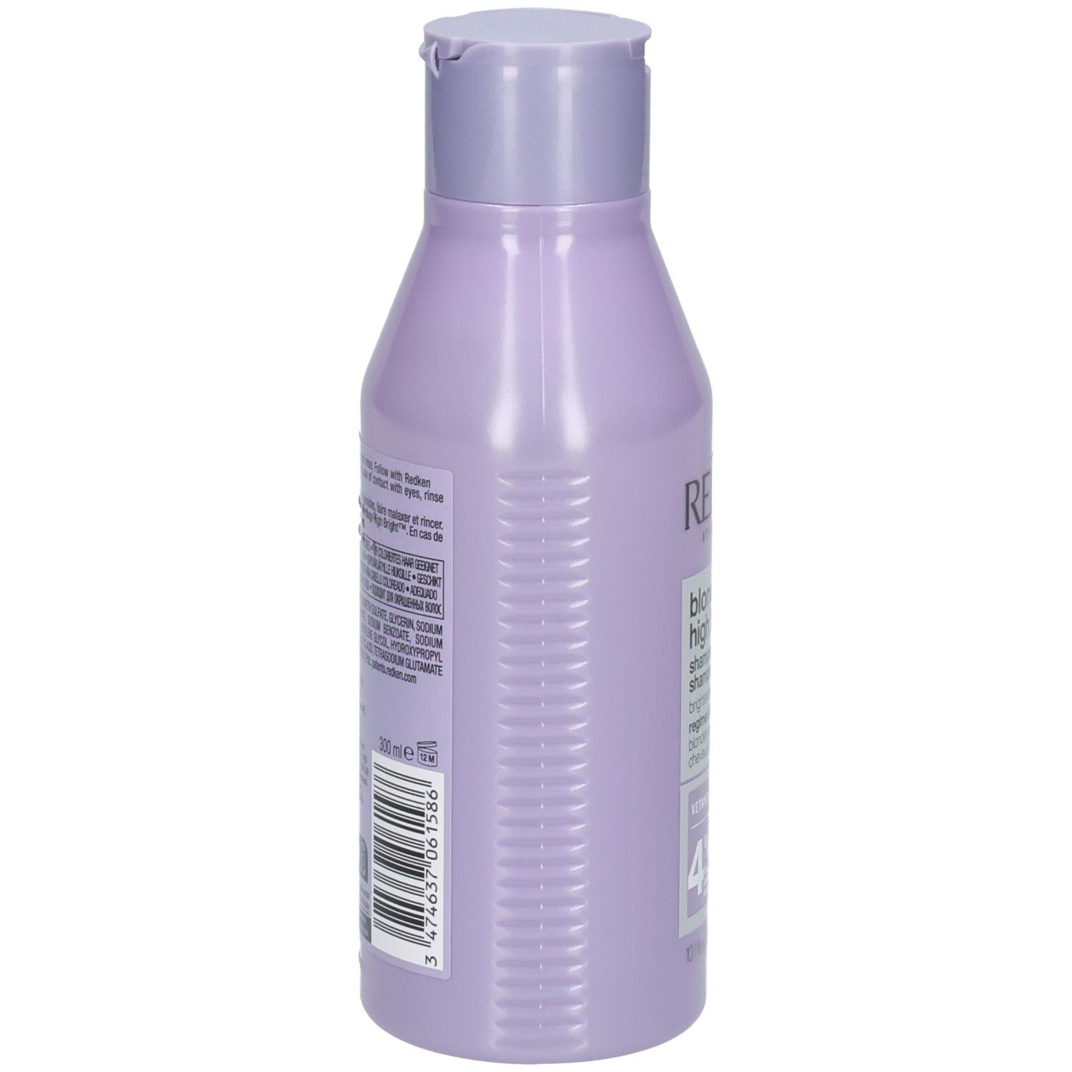 Achterkant van de fles Redken Blondage High Bright shampoo. Lila fles met tekst. Streepjescode.