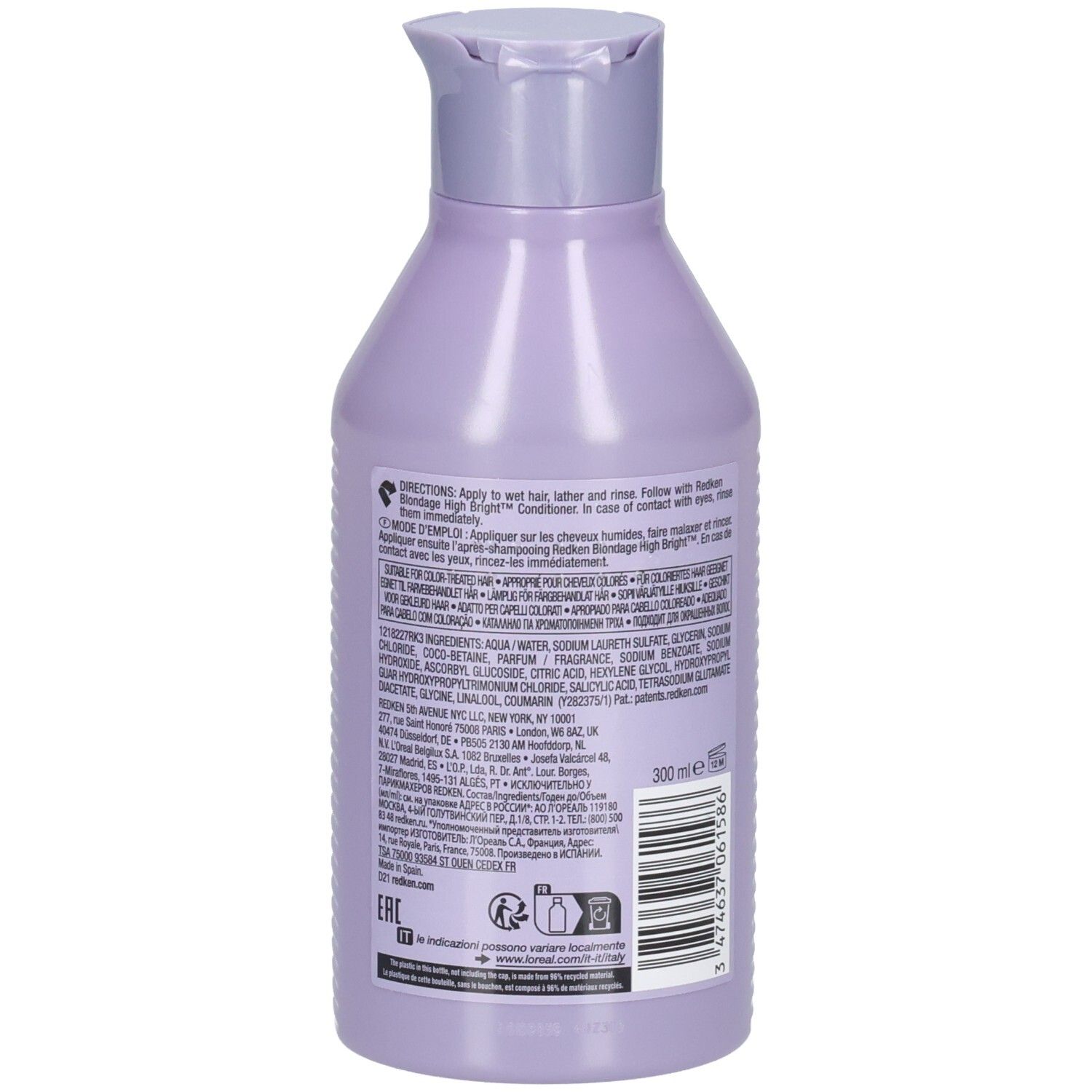 Achterkant van de fles Redken Blondage High Bright shampoo. Lila fles met tekst. Ingrediënten en gebruiksaanwijzing.