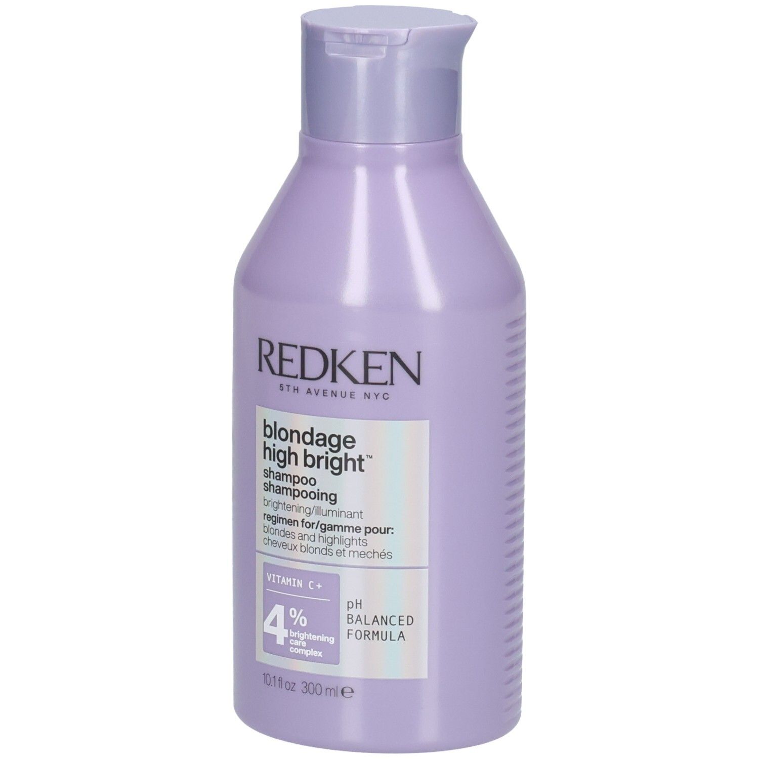 Fles Redken Blondage High Bright shampoo. Lila fles met wit etiket. Productnaam en ingrediënten.