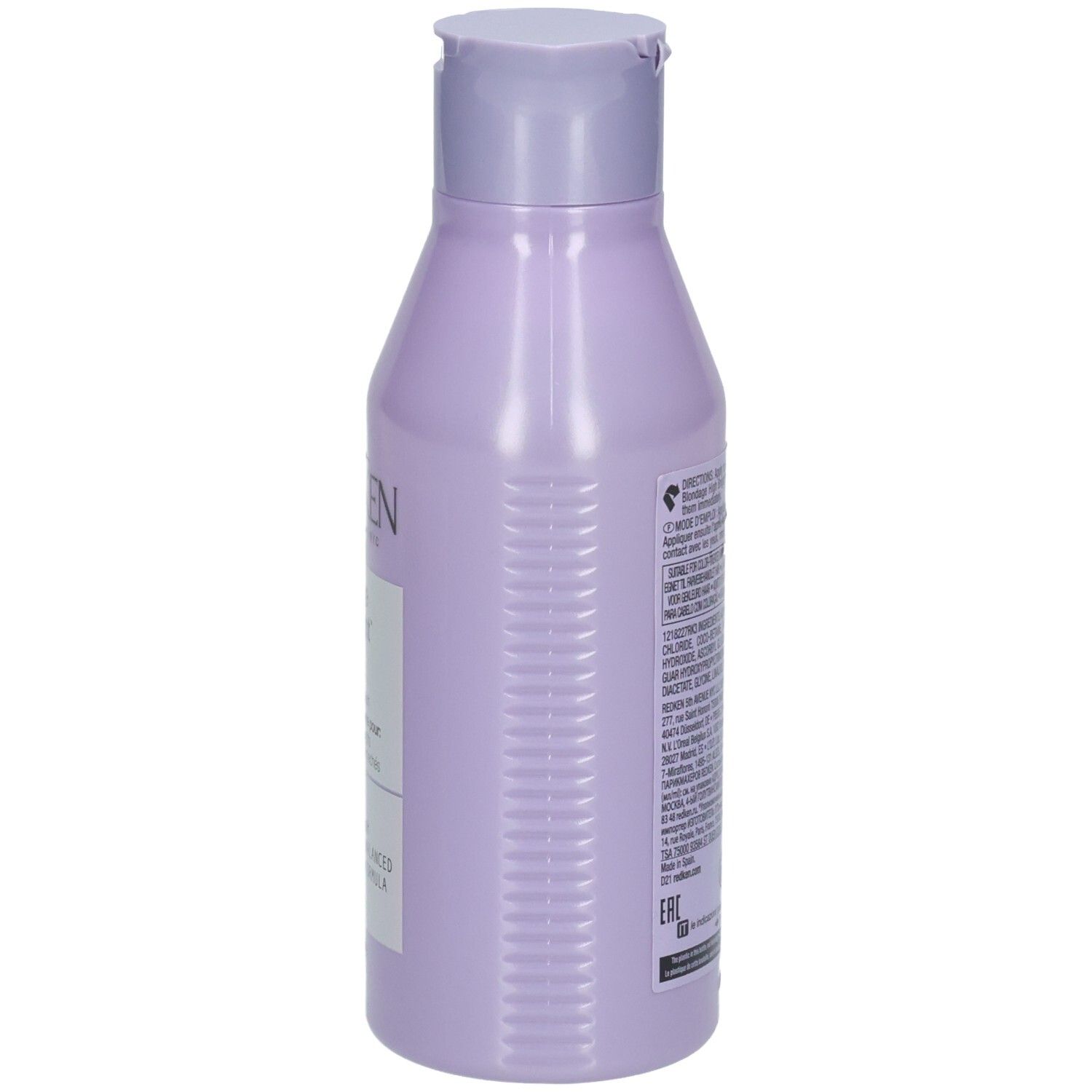 Zijkant van de fles Redken Blondage High Bright shampoo. Lila fles met tekst. Etiket met ingrediënten.