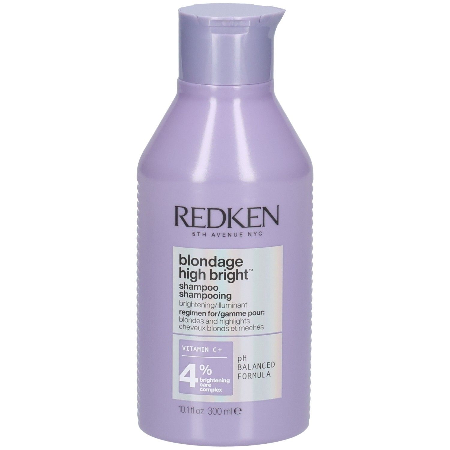 Fles Redken Blondage High Bright shampoo. Lila fles met wit etiket. Productnaam en ingrediënten.
