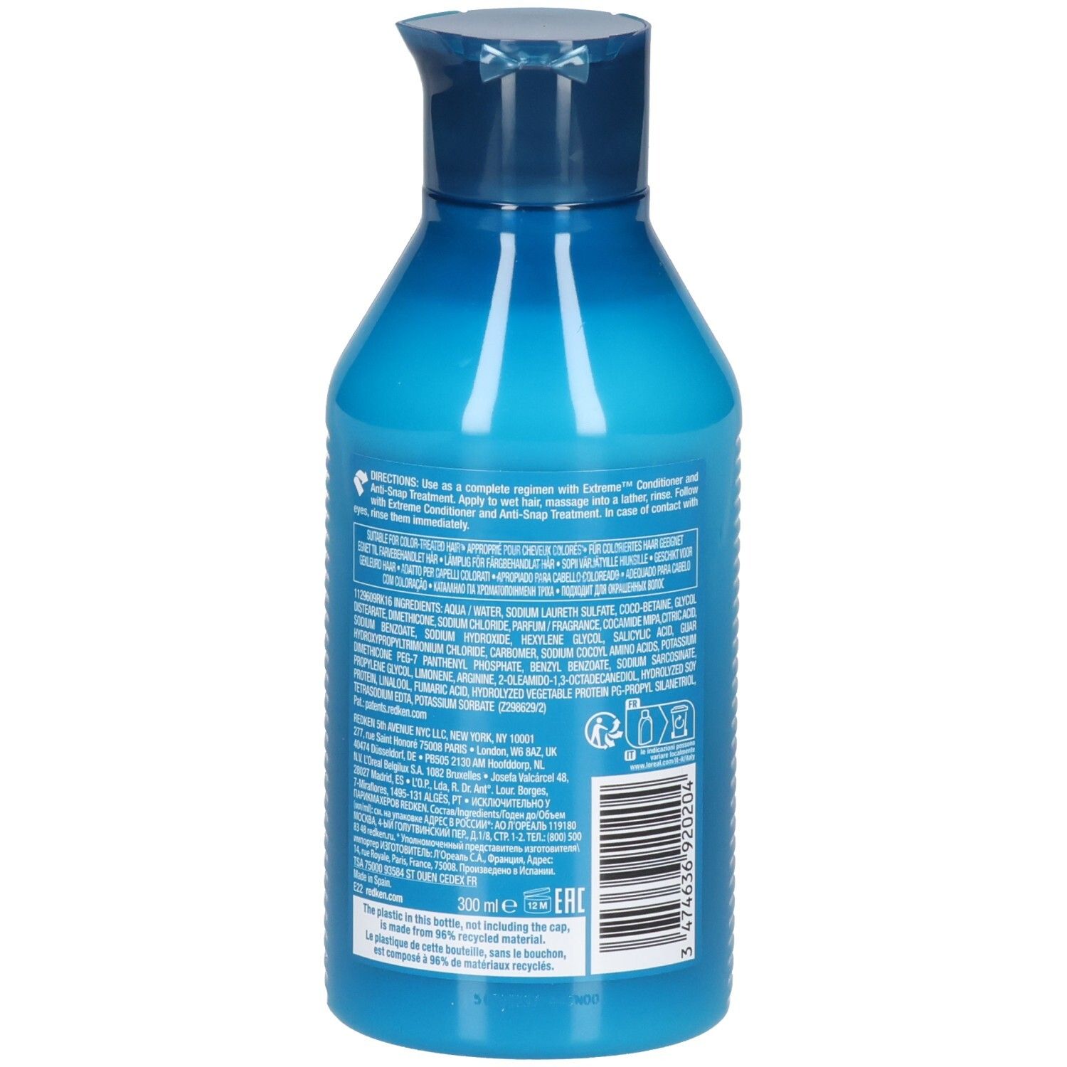 Blauwe fles shampoo, 300 ml, met klapdeksel.