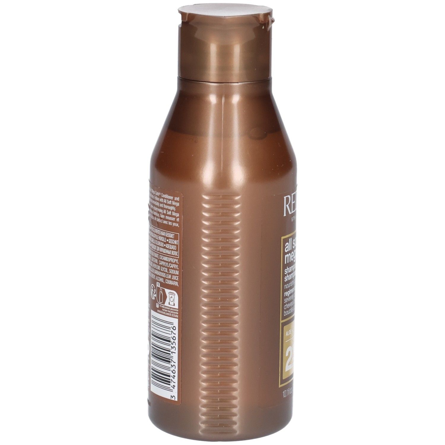 Flacon de shampooing marron, vue latérale. Code-barres et texte au dos. Surface cannelée.