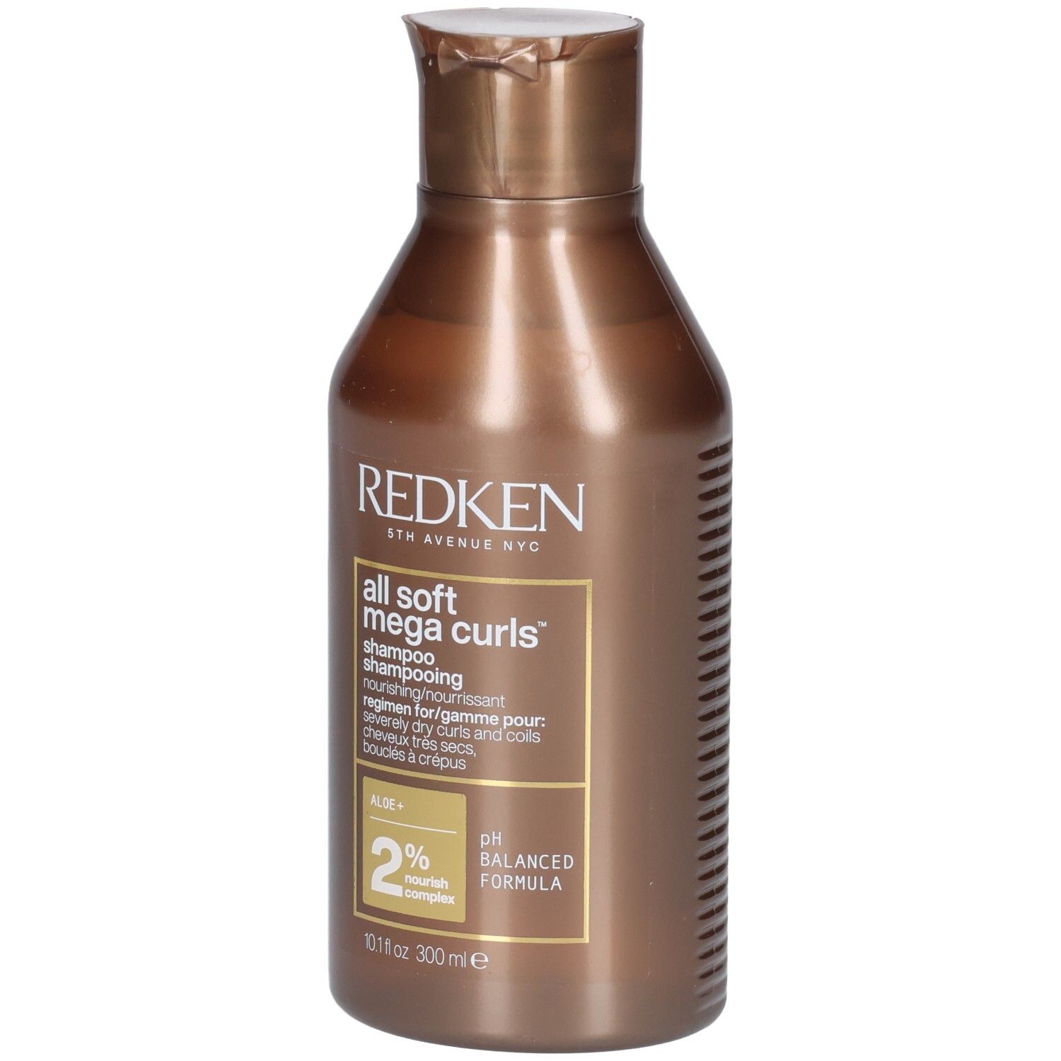 Flacon de shampooing marron avec bouchon rabattable. Inscription: Redken, All Soft Mega Curls Shampoo. 300ml.
