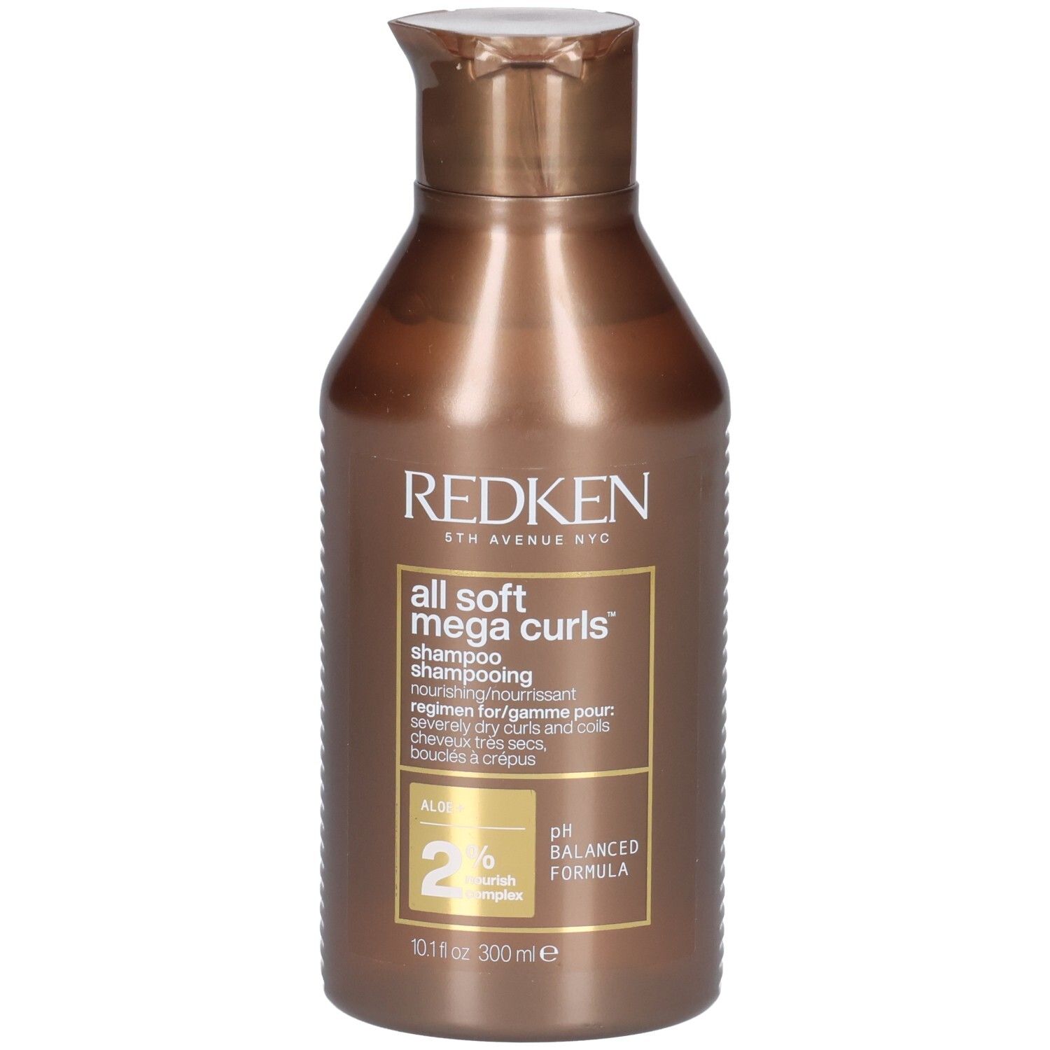 Flacon de shampooing marron avec bouchon rabattable. Inscription: Redken, All Soft Mega Curls Shampoo. 300ml.