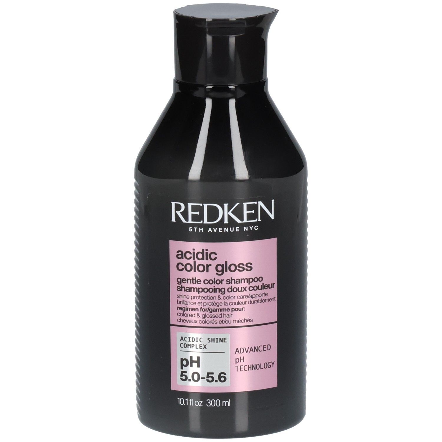 Zwarte shampoo fles met roze etiket. Tekst: Redken, Acidic Color Gloss, pH 5.0-5.6. 300 ml.