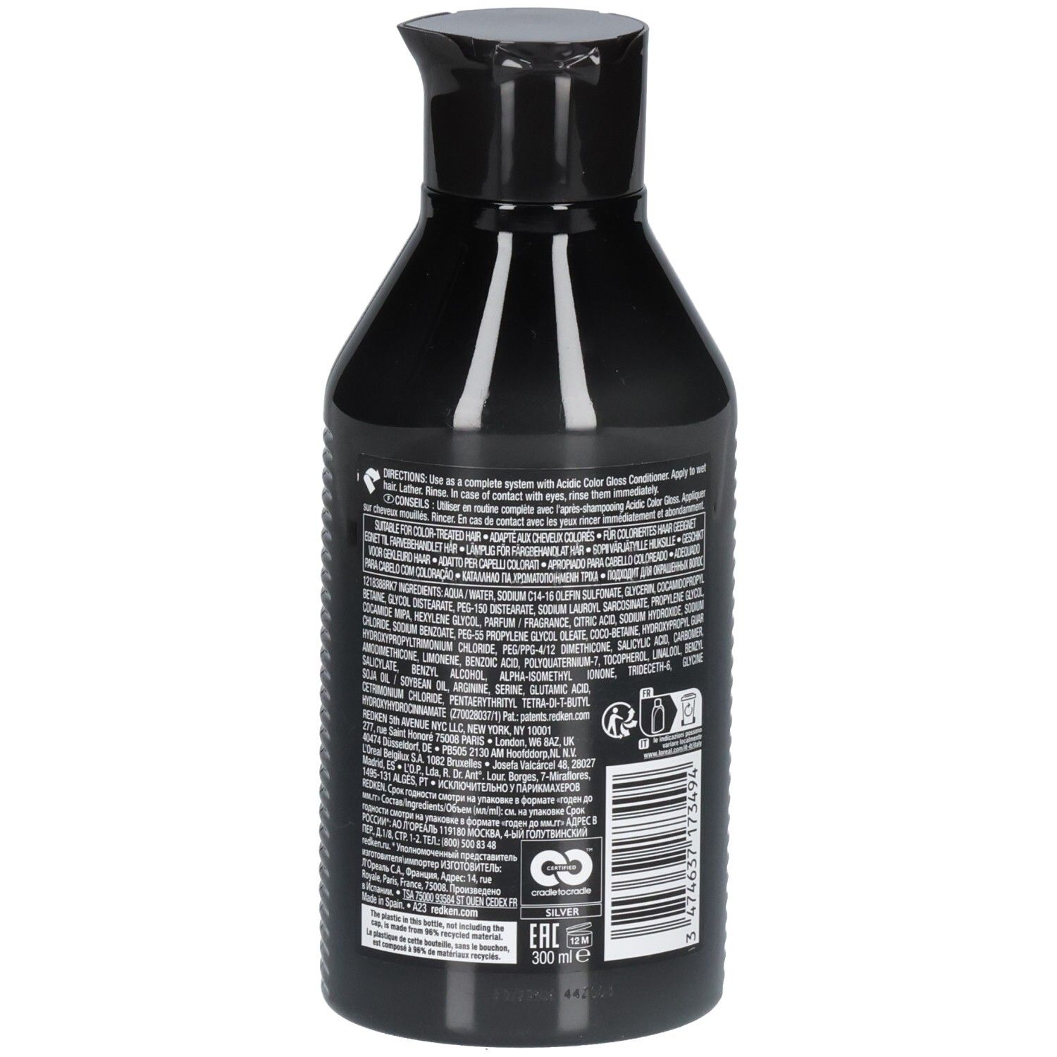 Achterkant van de zwarte shampoo fles. Tekst en barcode. 300 ml.