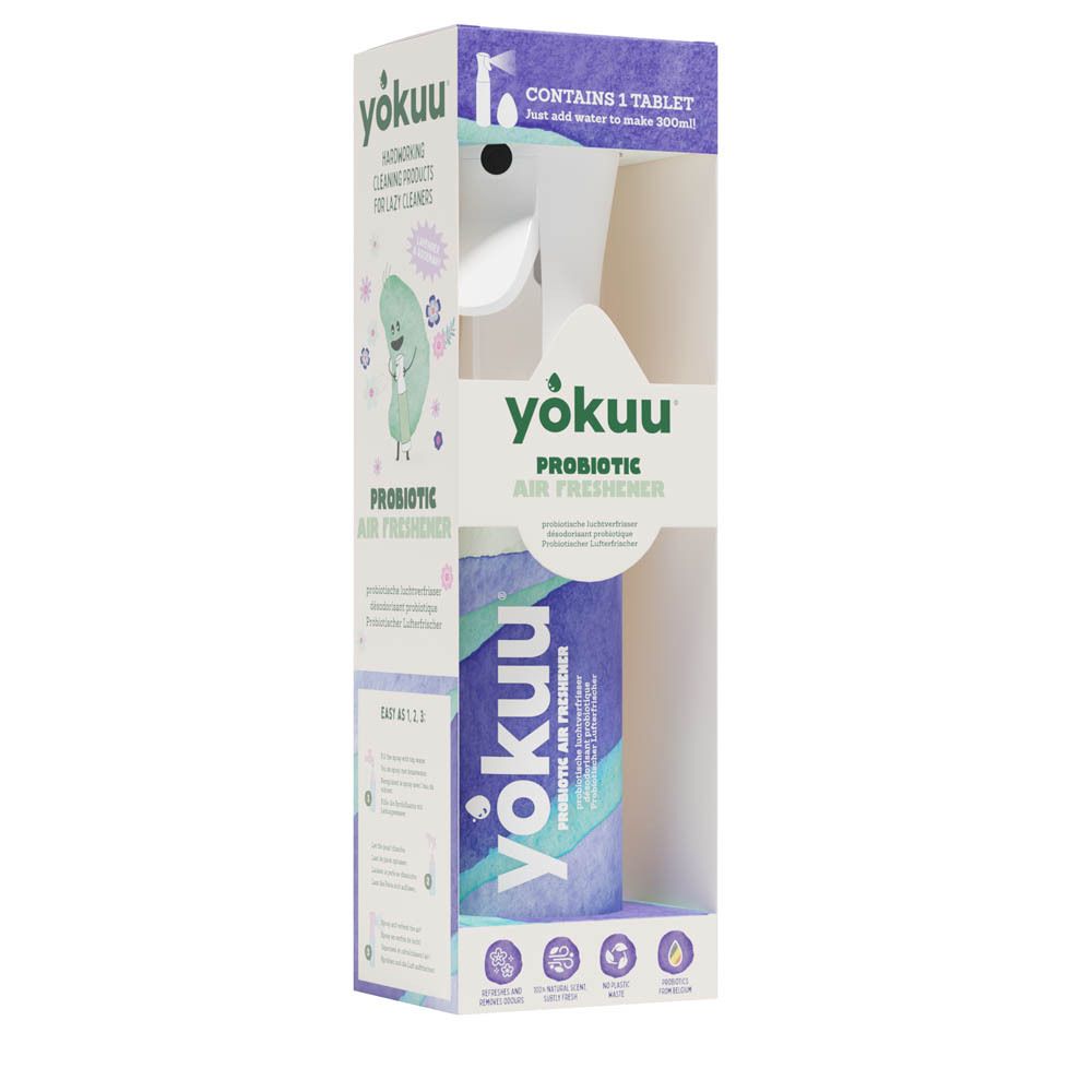 Verpakking met spuitfles en cilinder. Opschrift: Yokuu Probiotic Air Freshener. Bevat 1 tablet.
