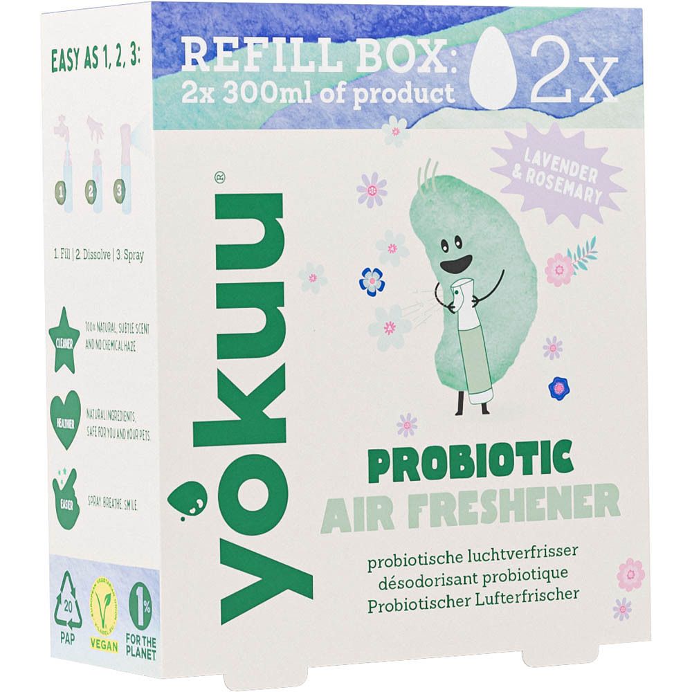 Yokuu Probiotic Air Freshener doos. Instructies: 1. Vullen. 2. Oplossen. 3. Sprayen. Met logo's en illustraties.