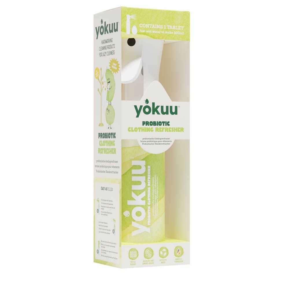 YOKUU Kledingverfrisser Starter Kit. Groene fles met sproeikop in doos. Bevat 2 tabletten.