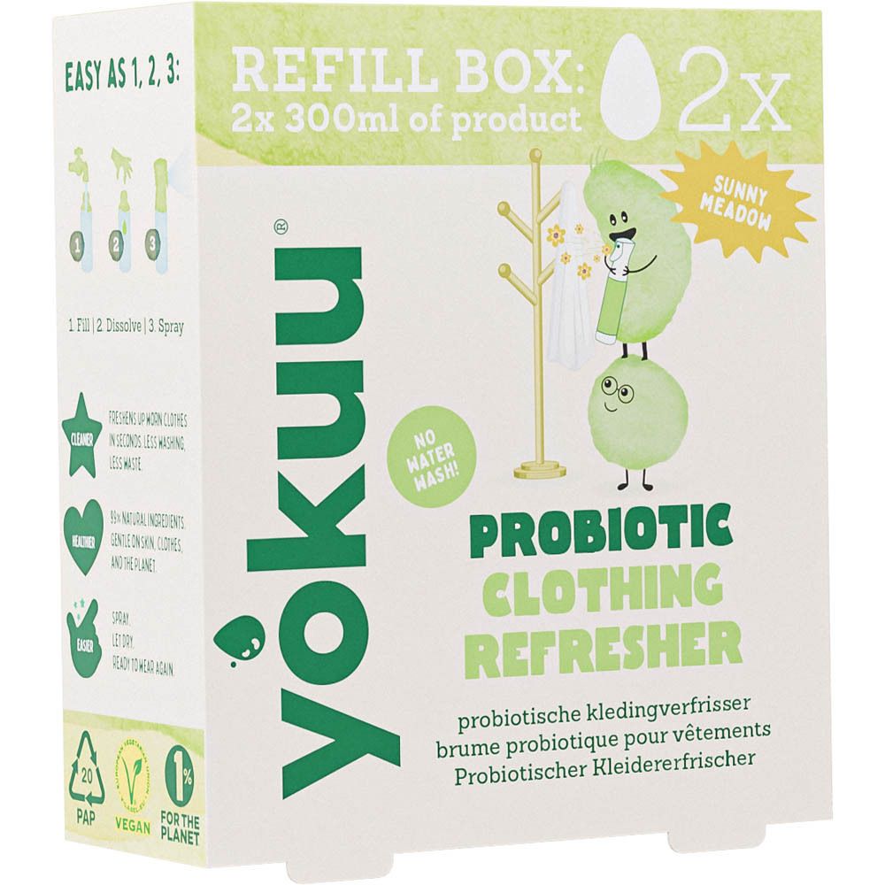 Kartonnen doos met opdrukken. Opschrift: Yokuu, Refill Box, Probiotic Clothing Refresher. Illustraties en instructies.