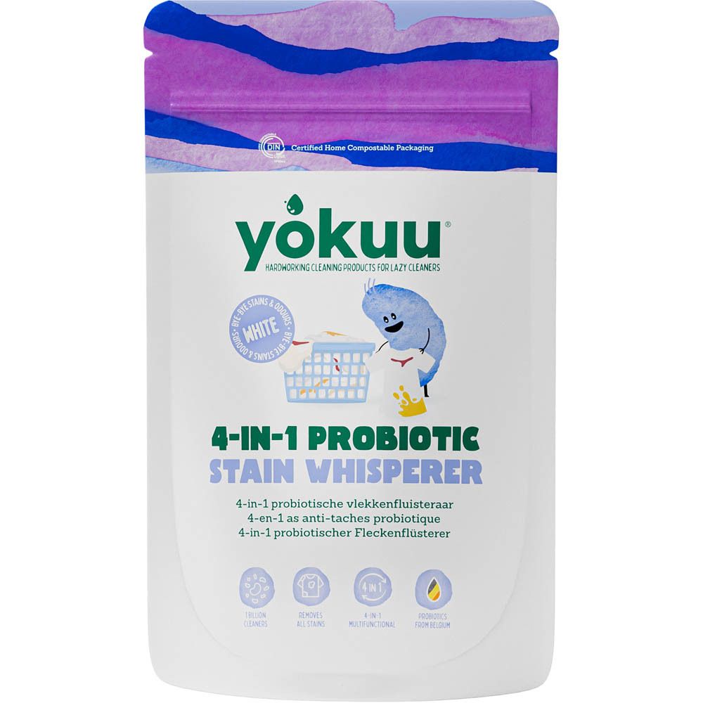 Witte zak met YOKUU-logo en tekst "4-IN-1 PROBIOTIC STAIN WHISPERER". Gecertificeerde composteerbare verpakking.