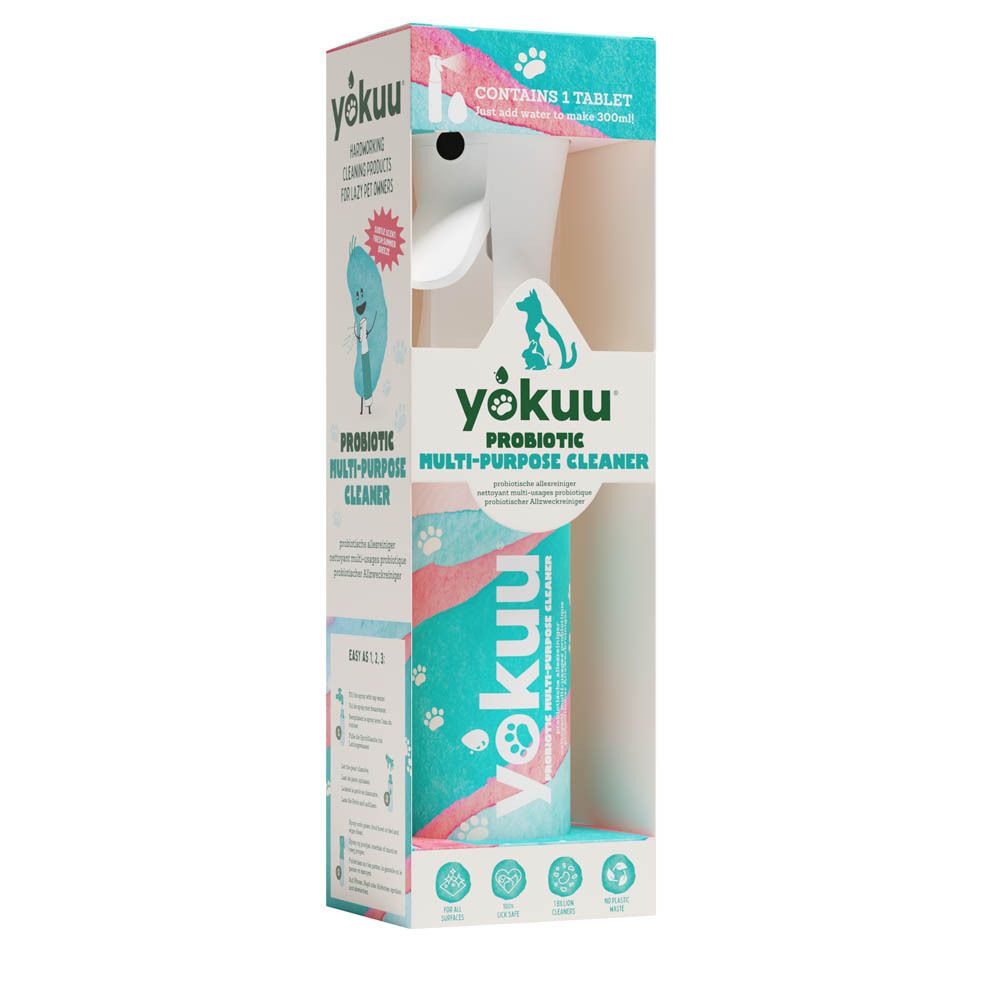 Reinigingsstarterkit. Bevat een spuitfles en een tablet. Opschrift: Yokuu Probiotische allesreiniger.