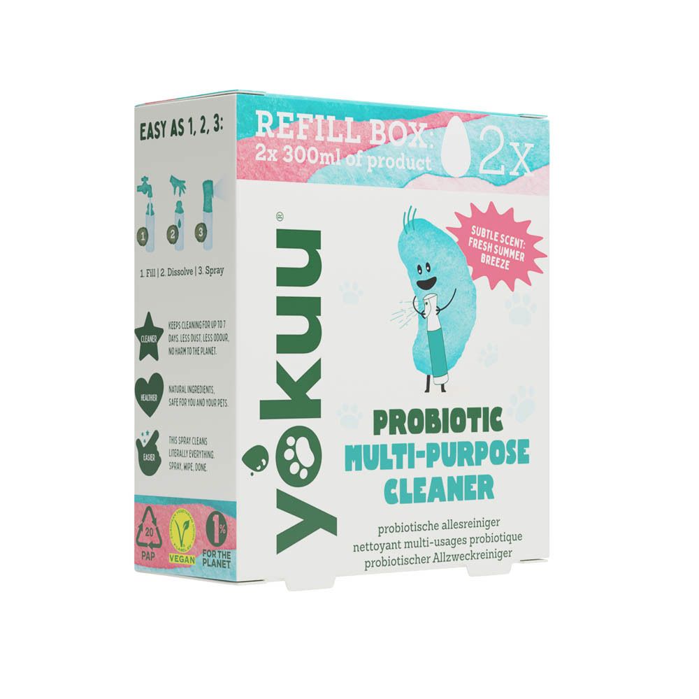 Doos Yokuu Multi-Purpose Cleaner. Bevat 2x 300ml product. Illustratie van bacterie met spuitfles.