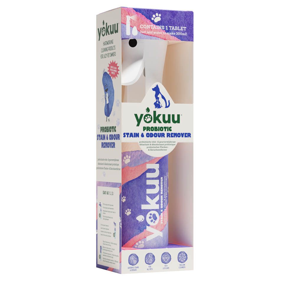 Yokuu set met spuitfles, tablet en doek. Product in de verpakking. Bevat productinformatie.