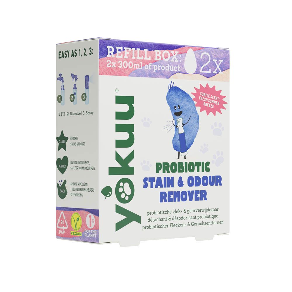 Yokuu doos met instructies. Bevat 2x 300ml product. Instructies: 1. Vullen 2. Oplossen 3. Sprayen.