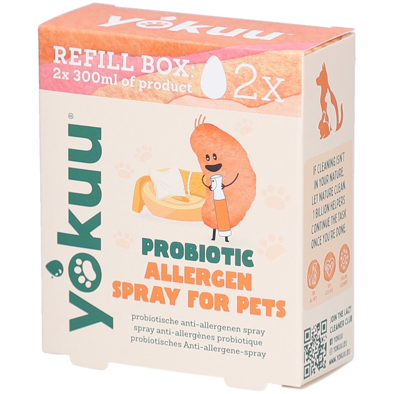 Boîte en carton avec impression du produit. Texte : PROBIOTIC ALLERGEN SPRAY FOR PETS. Illustration d'un emoji de dessin animé.