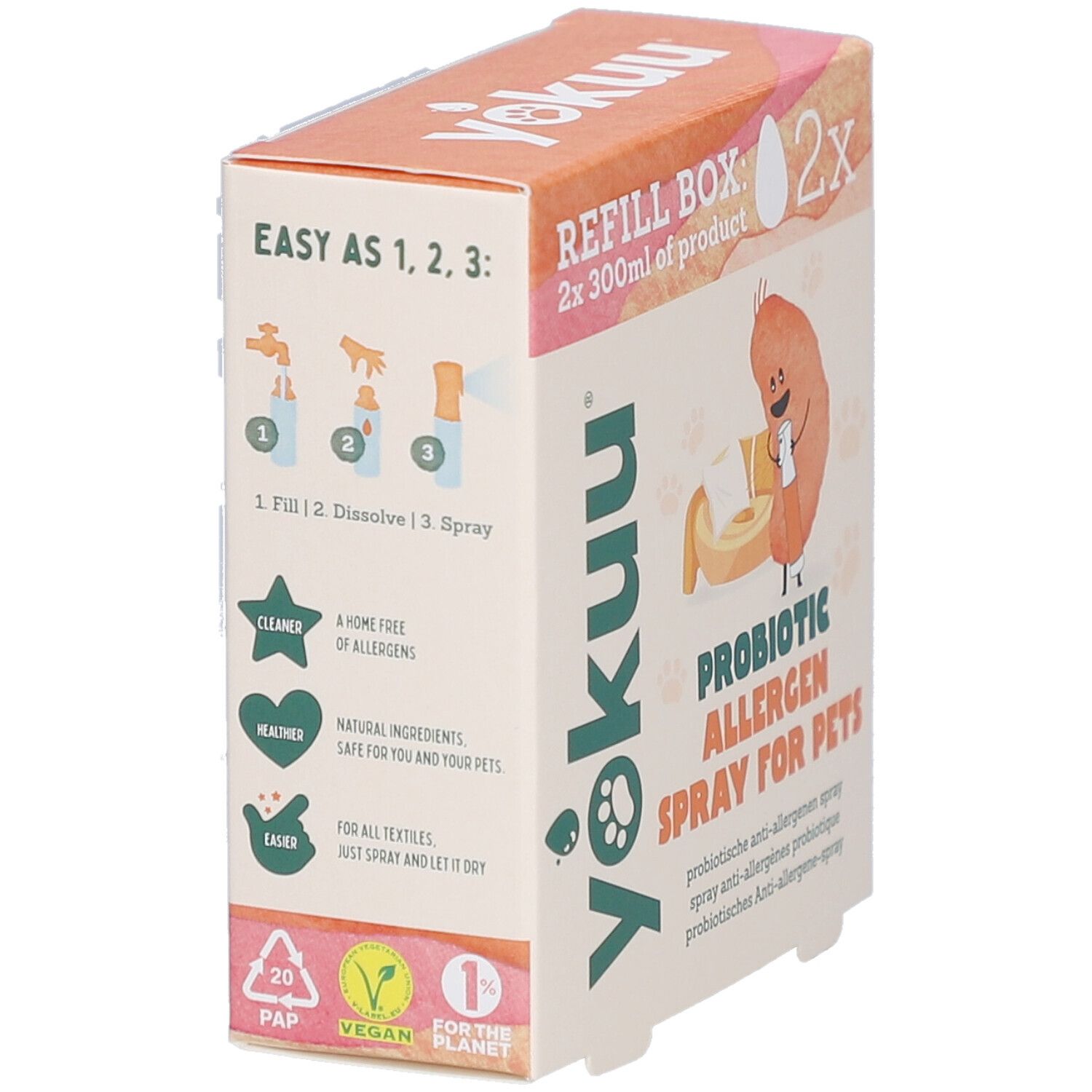 Boîte en carton avec impression du produit. Texte : PROBIOTIC ALLERGEN SPRAY FOR PETS. Contient des illustrations et du texte sur les ingrédients et l'utilisation.