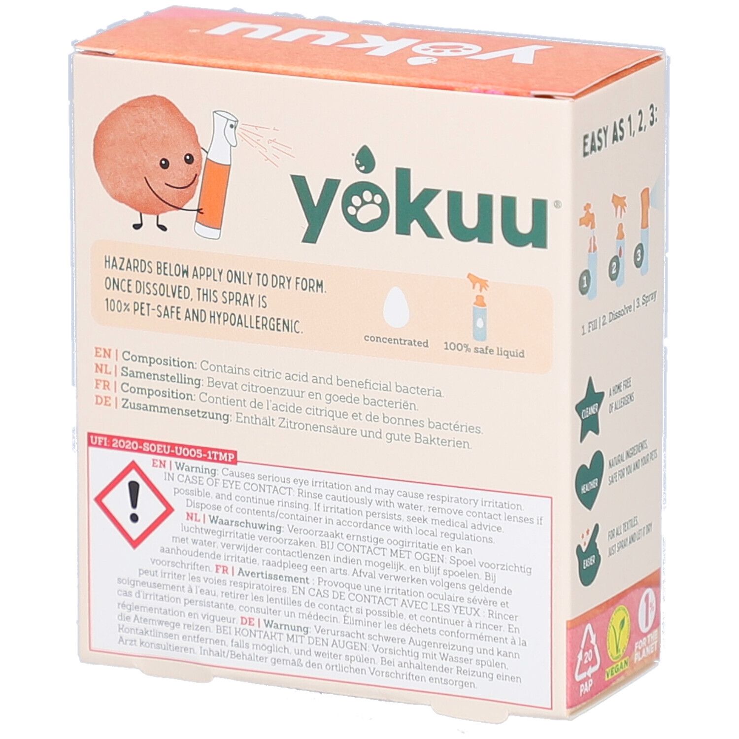 Boîte en carton avec impression du produit. Texte : PROBIOTIC ALLERGEN SPRAY FOR PETS. Contient des avertissements et des informations sur la composition.