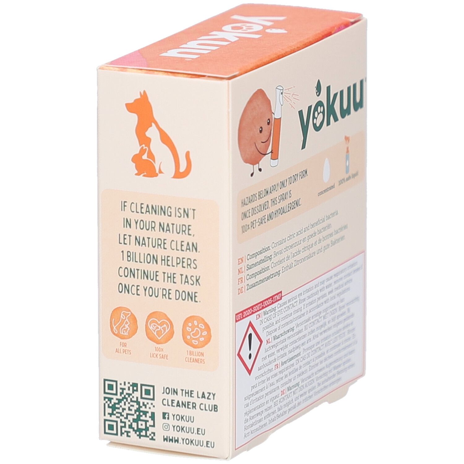 Boîte en carton avec impression du produit. Texte : PROBIOTIC ALLERGEN SPRAY FOR PETS. Contient des illustrations et du texte sur les avantages du produit.