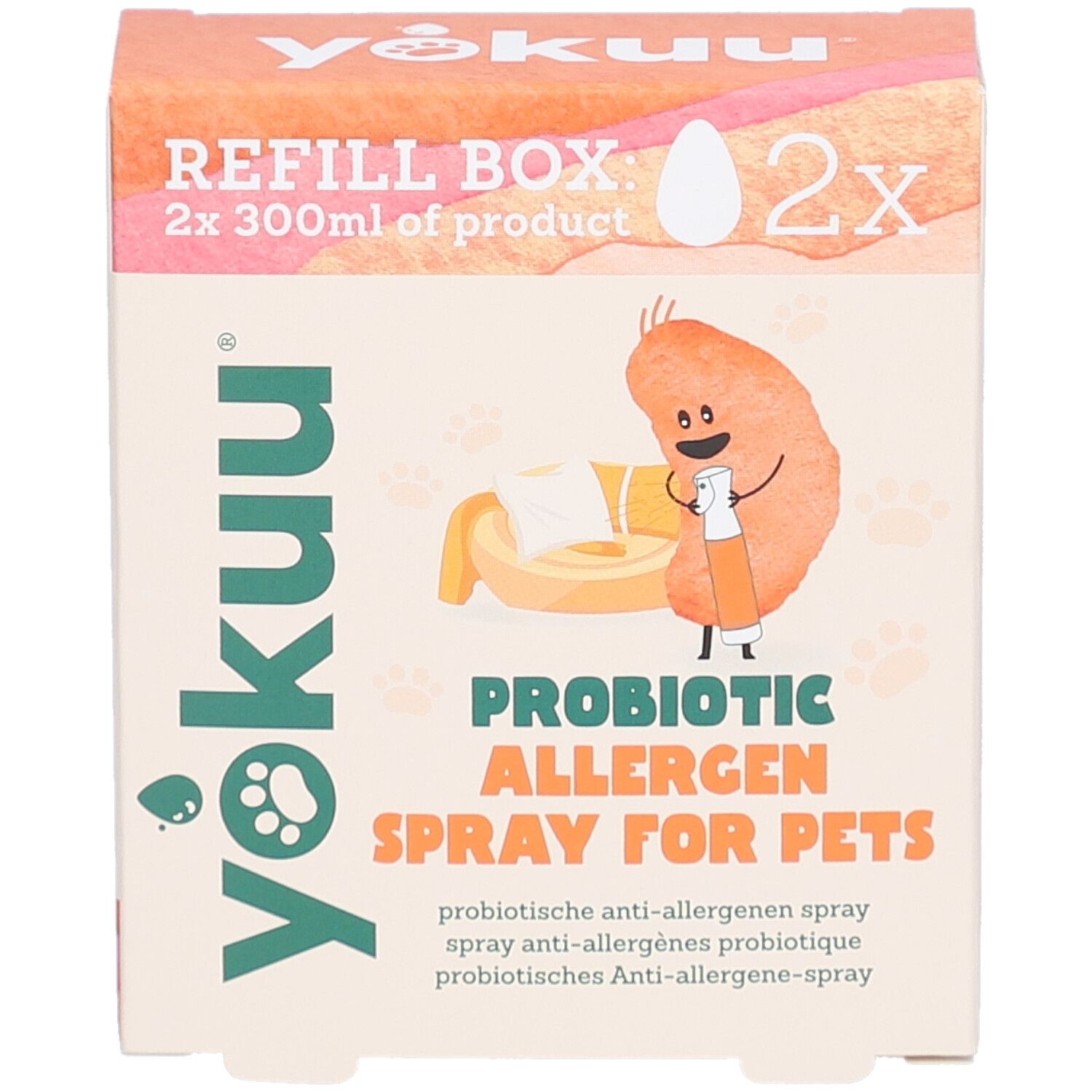 Boîte en carton avec impression du produit. Texte : PROBIOTIC ALLERGEN SPRAY FOR PETS. Illustration d'un emoji de dessin animé.