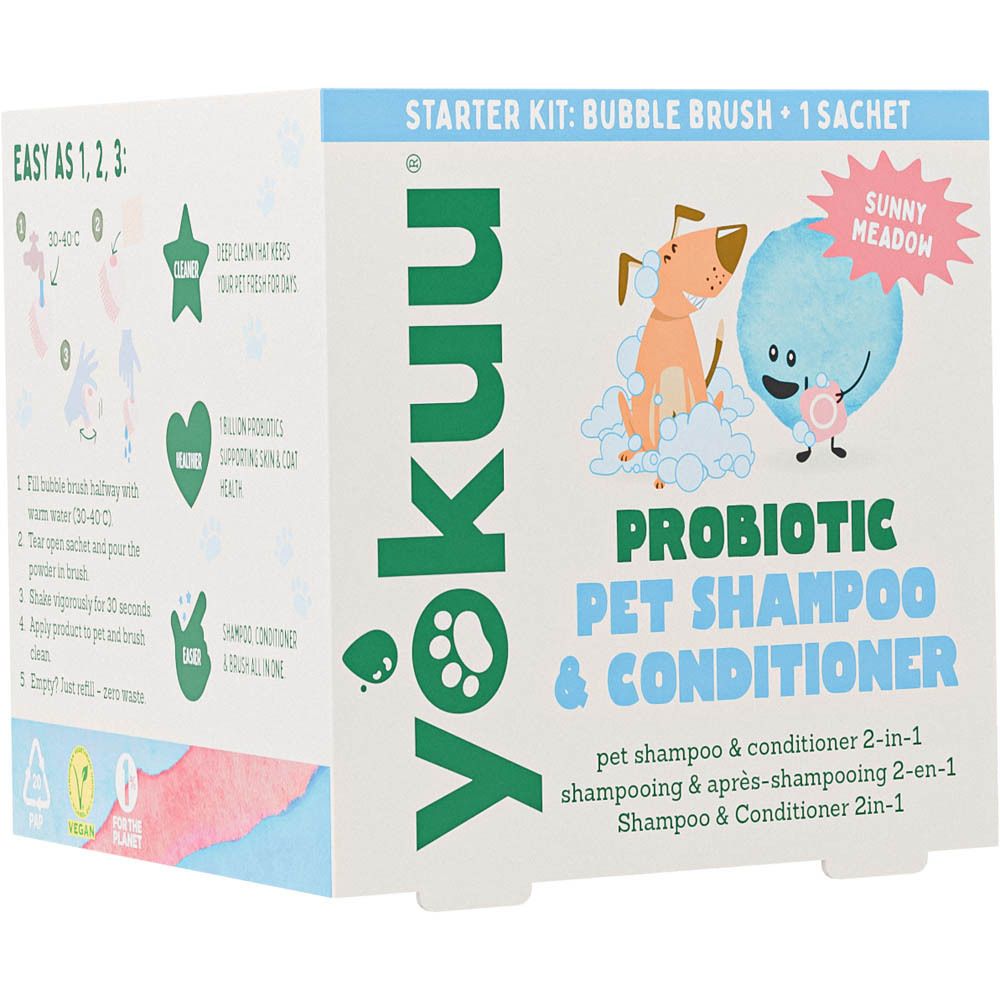 Doos met instructies en productinformatie. Bevat Bubble Brush en 1 zakje. Opschrift: Probiotische shampoo & conditioner.