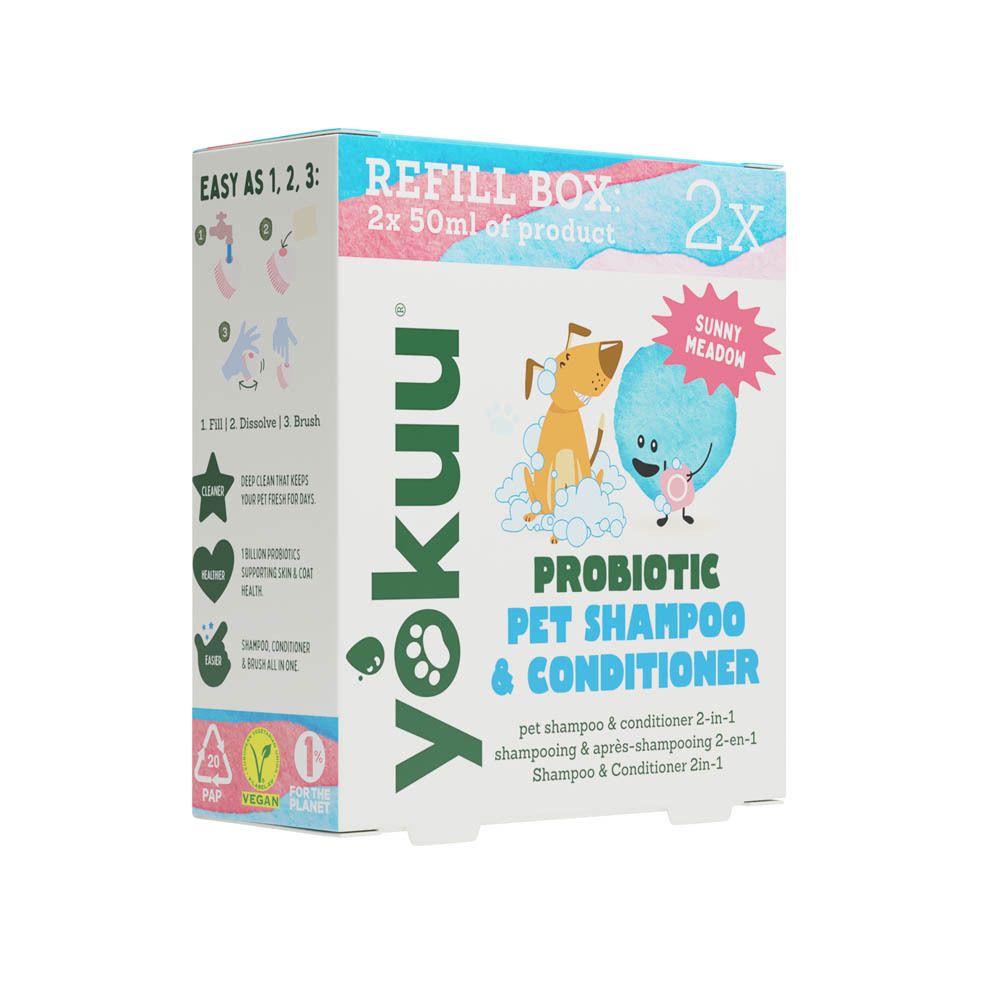 Boîte en carton Yokuu Probiotic Pet Shampoo & Conditioner. Contient 2x 50ml de produit. Illustrations chien et bulle de savon.
