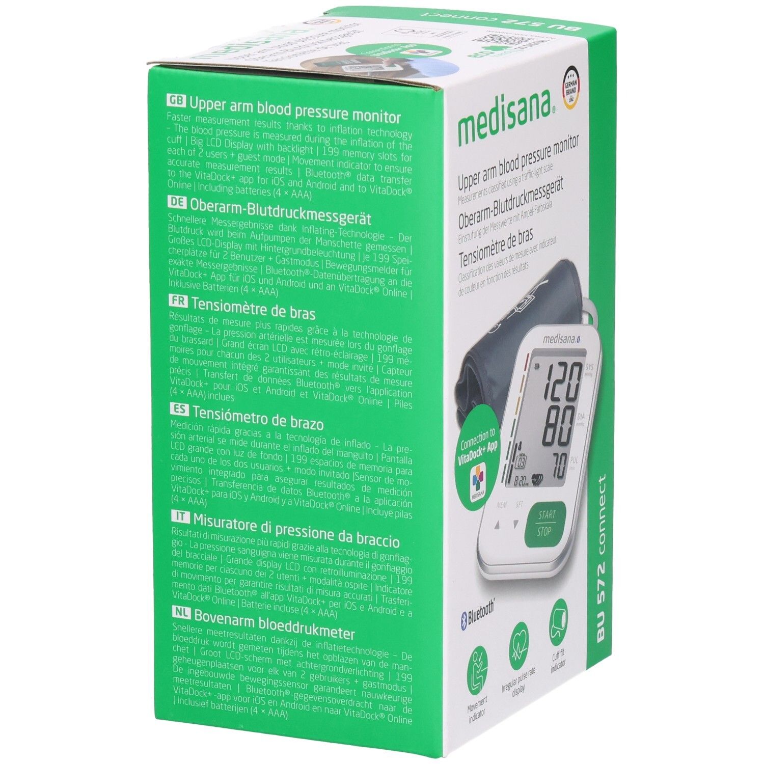 Emballage du tensiomètre. Texte en plusieurs langues. Appareil et brassard illustrés. Logo Bluetooth.