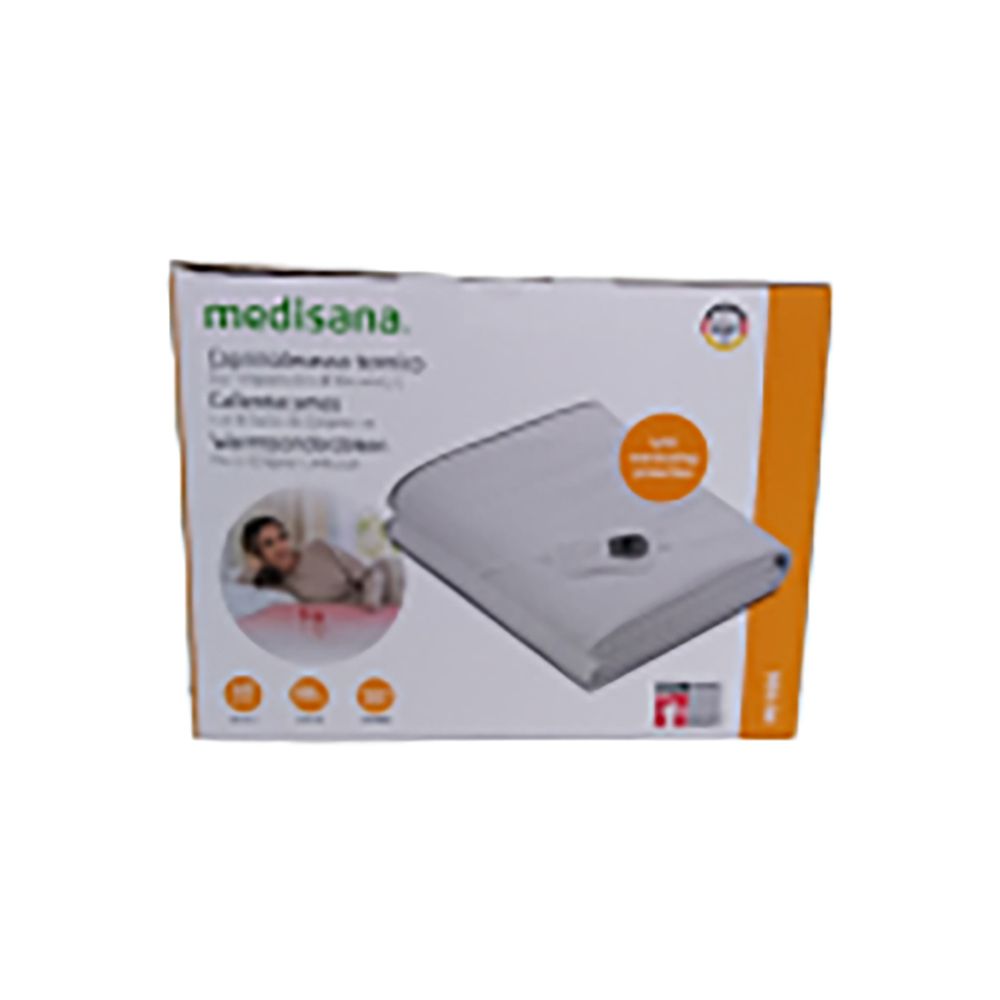 Couverture chauffante Modisana blanche sur emballage. Avec protection contre la surchauffe.