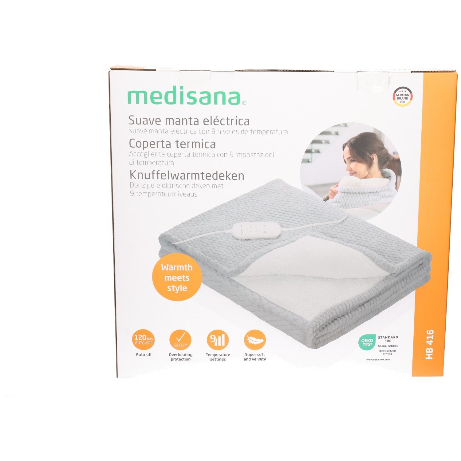 Verpakking van de medisana HB 416 elektrische deken lichtgrijs met productafbeelding en kenmerken.
