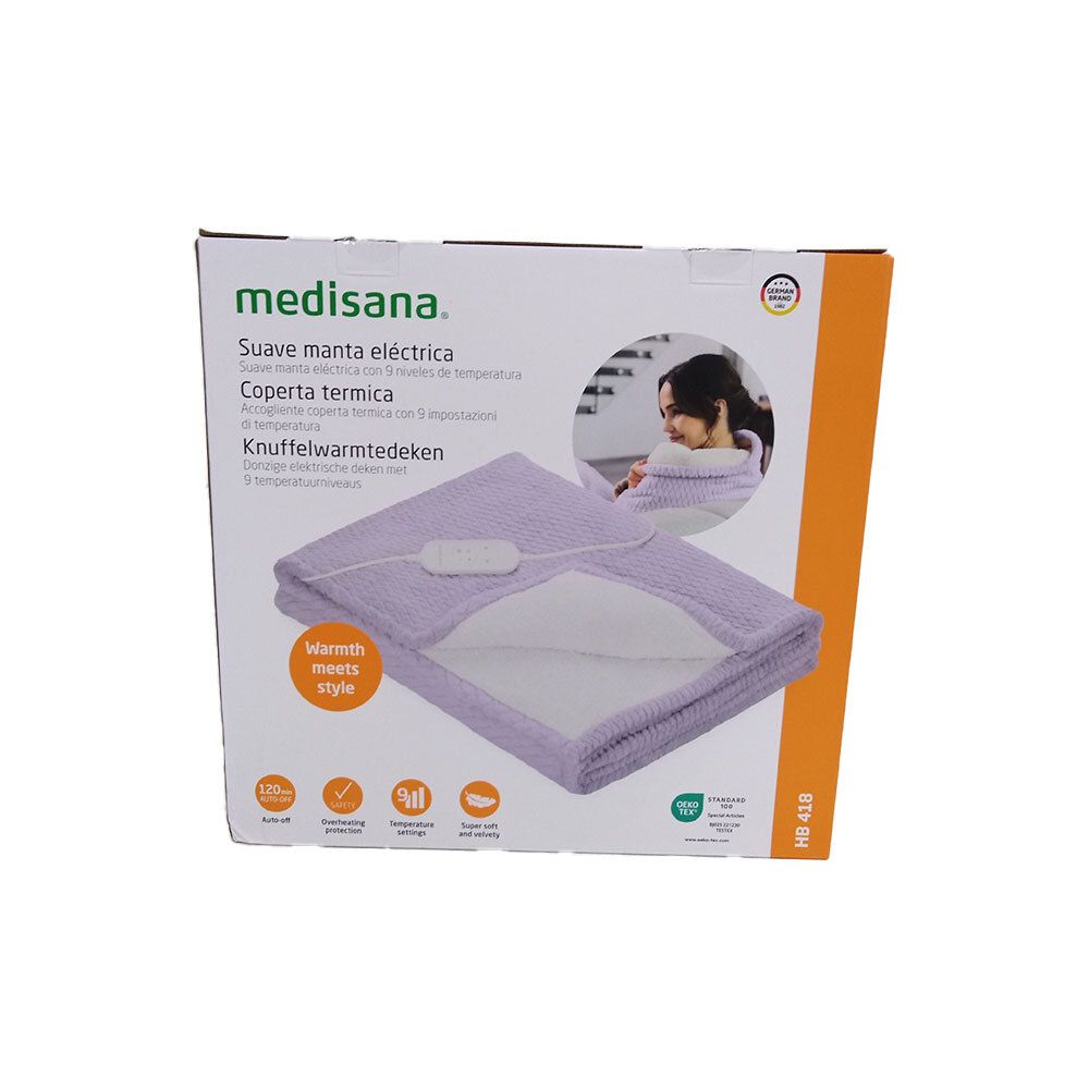 Emballage d'une couverture chauffante électrique medisana violette avec commande et indications de fonctions.