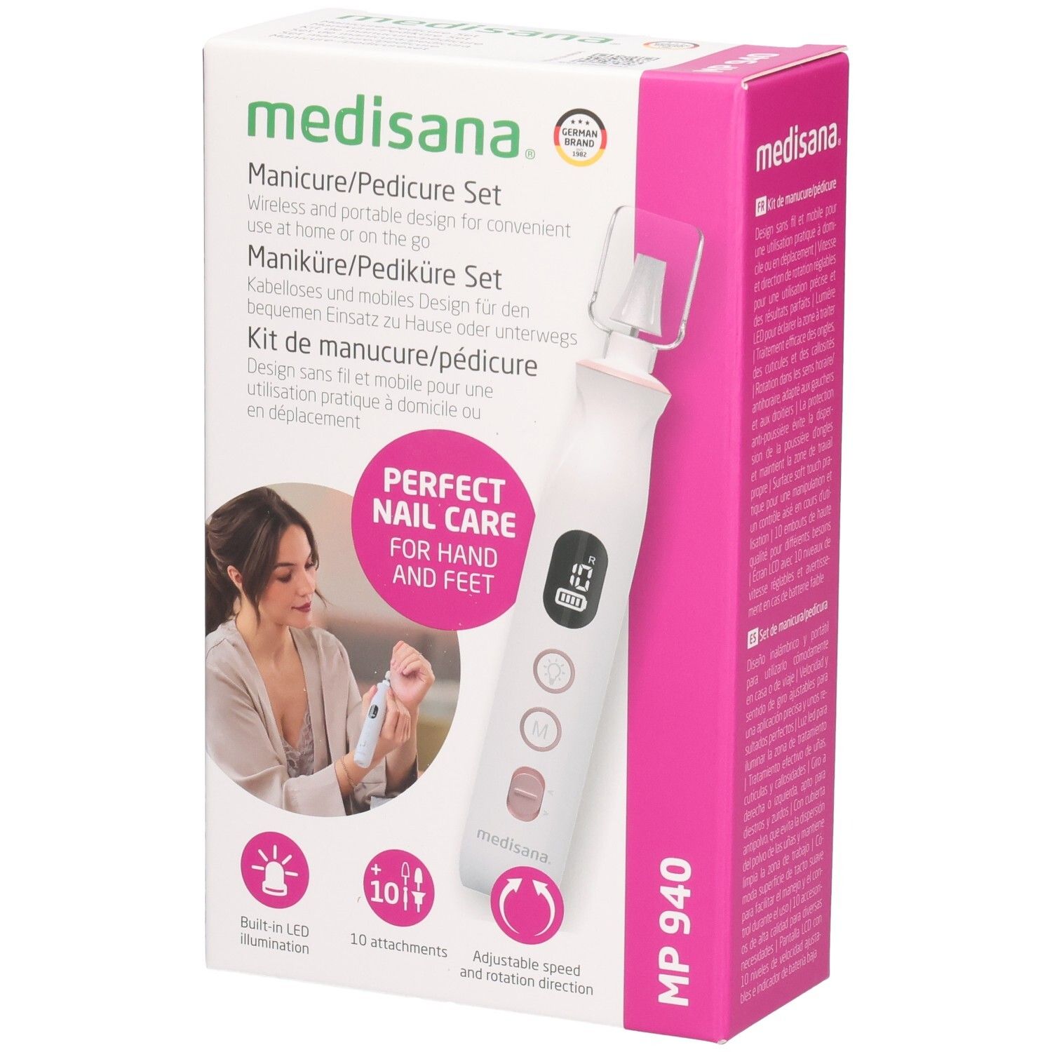 Medisana manicure/pedicure set. Roze-witte verpakking. Product en vrouw op de voorkant. MP 940. 10 opzetstukken, LED-verlichting.