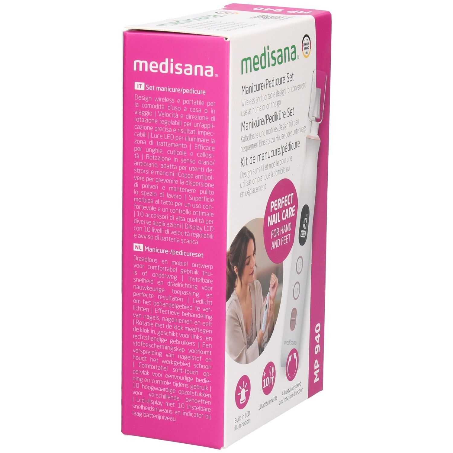 Medisana manicure/pedicure set. Verpakking, zijaanzicht. Tekst in het Duits, Italiaans, Nederlands. MP 940. Roze en wit.