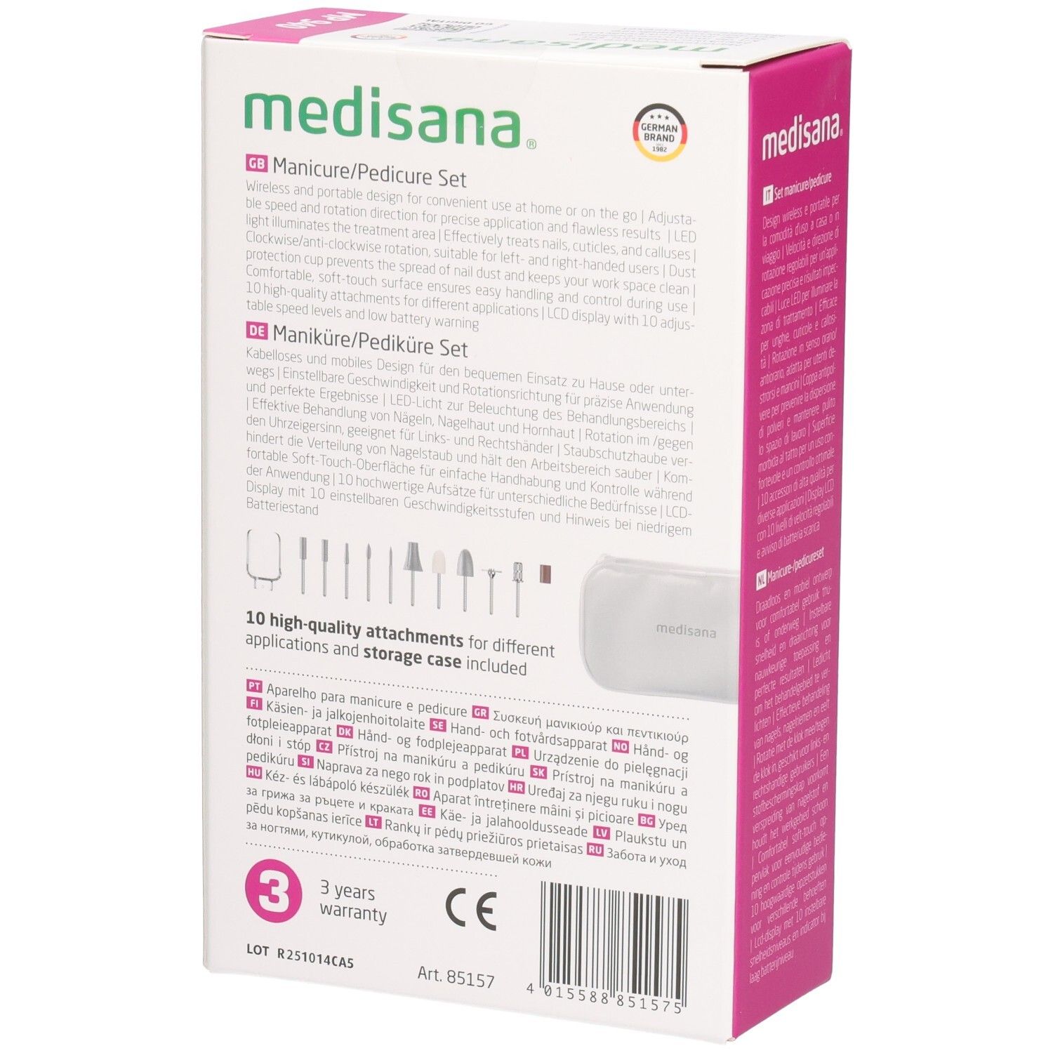 Medisana manicure/pedicure set. Achterkant van de verpakking. 10 opzetstukken, opbergtas. 3 jaar garantie. CE-markering.