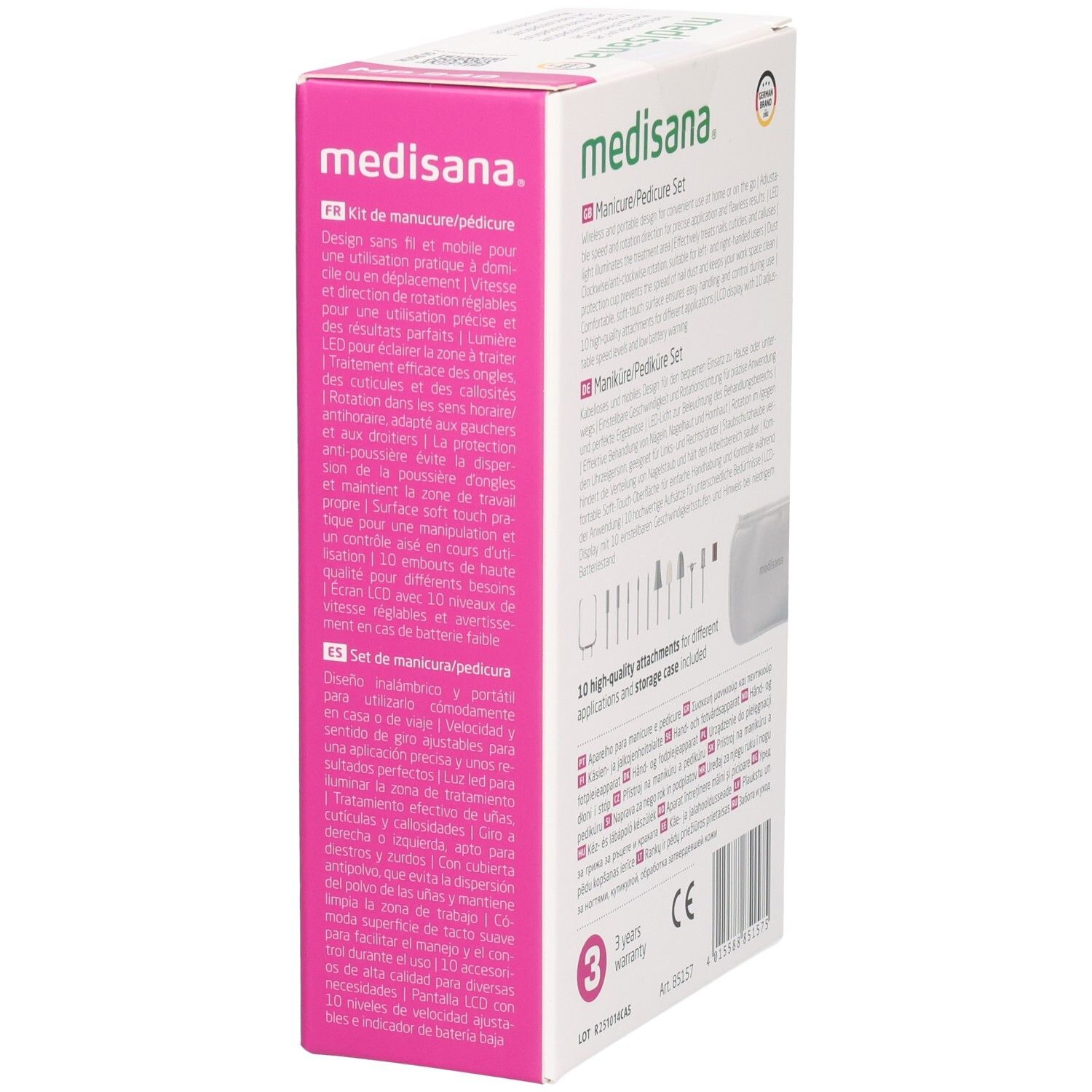 Medisana manicure/pedicure set. Verpakking, zijaanzicht. Tekst in het Frans, Spaans. 10 opzetstukken. 3 jaar garantie.