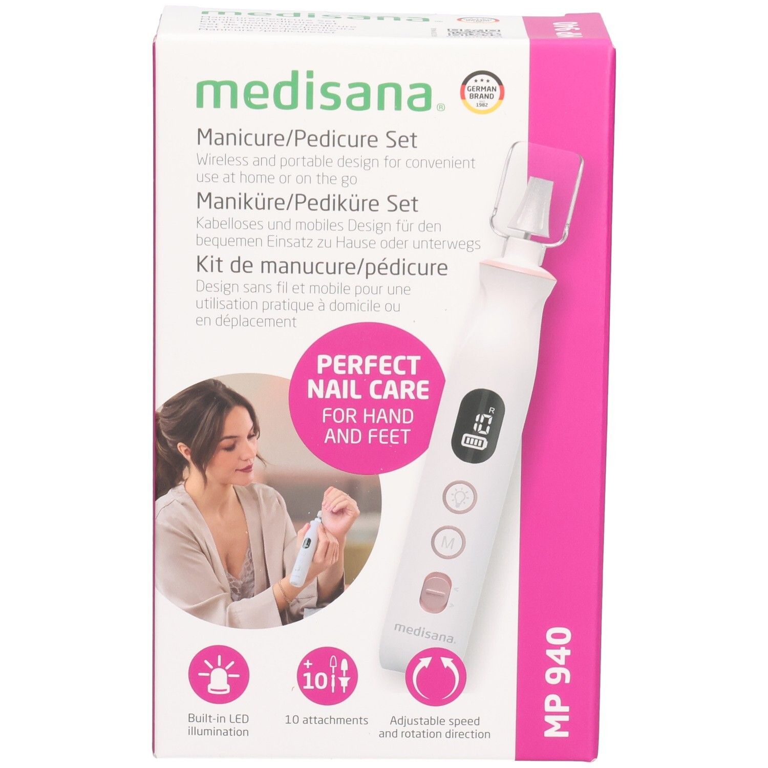 Medisana manicure/pedicure set. Roze-witte verpakking. Product en vrouw op de voorkant. MP 940. 10 opzetstukken, LED-verlichting.
