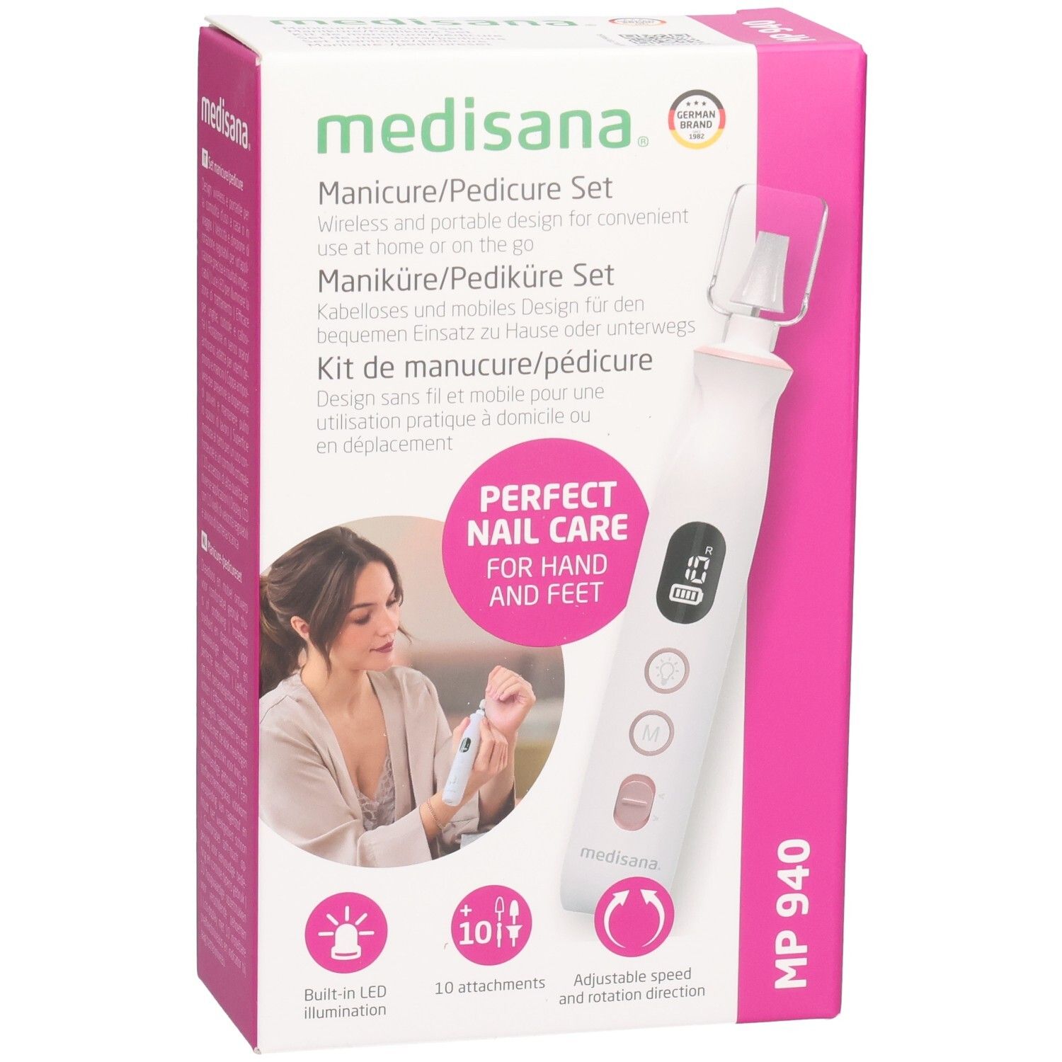Medisana manicure/pedicure set. Roze-witte verpakking. Product en vrouw op de voorkant. MP 940. 10 opzetstukken, LED-verlichting.