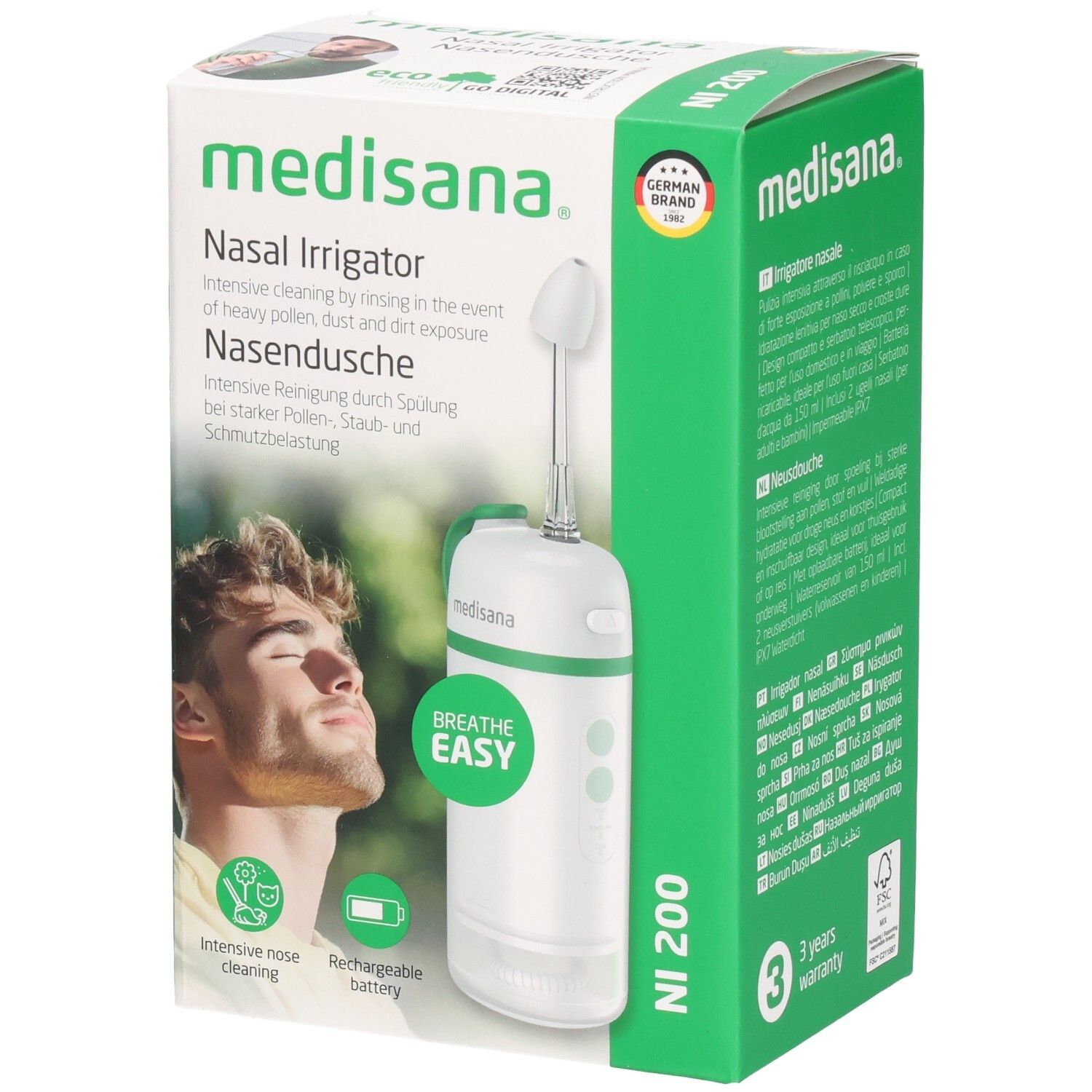 Verpakking van de neusdouche. Wit apparaat met groene accenten. Merk: medisana. Opschrift: NI 200. Met certificering.