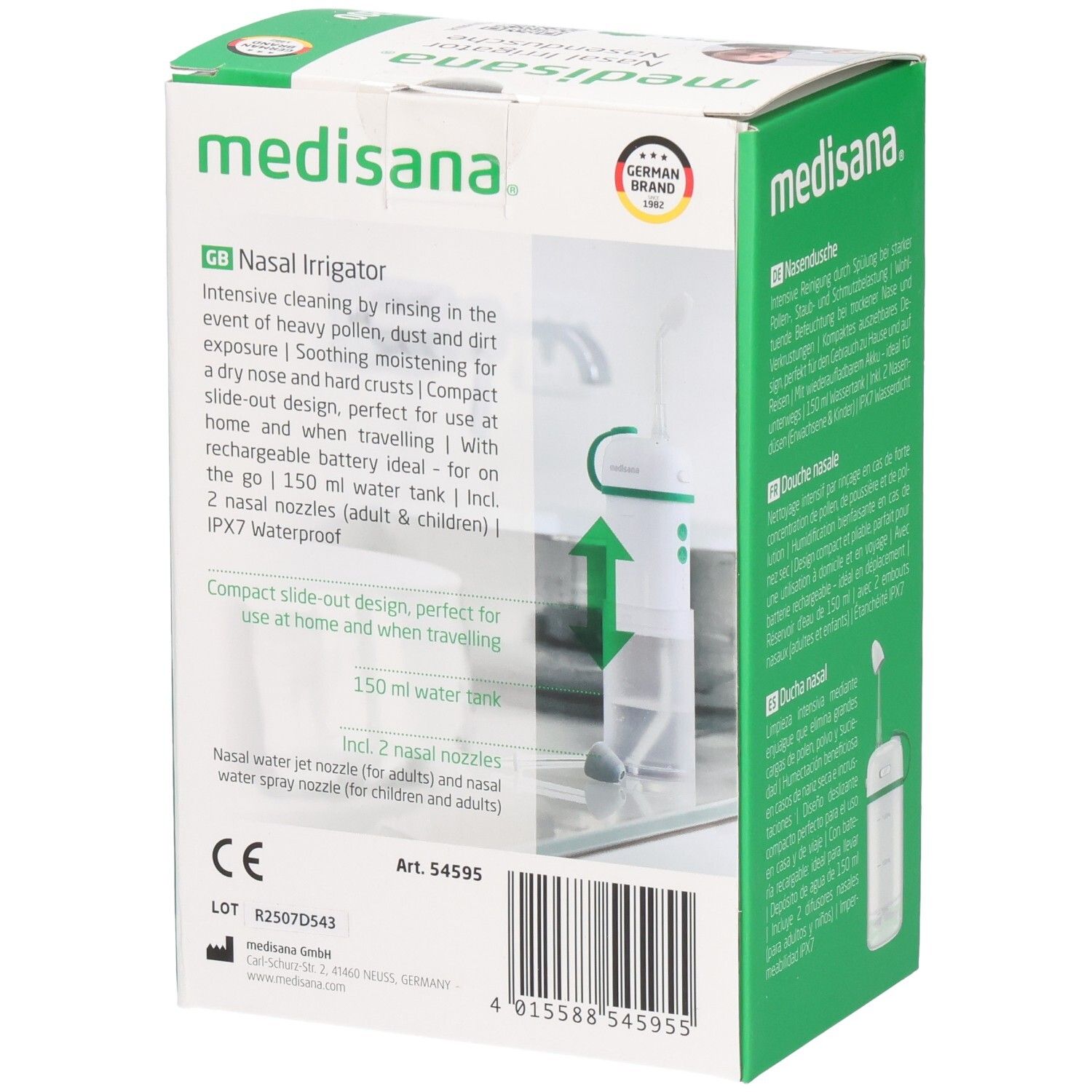 Achterkant van de verpakking van de neusdouche. Apparaat afgebeeld. Merk: medisana. Tekst in het Duits, Frans, Italiaans, Spaans.