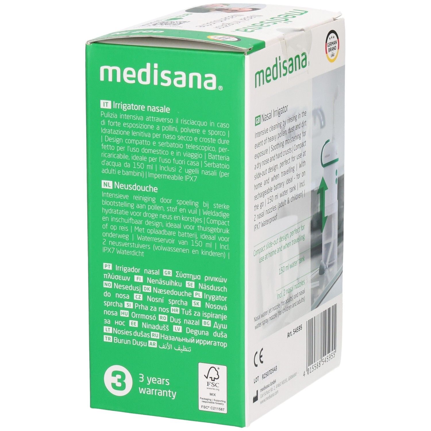 Achterkant van de verpakking van de neusdouche. Apparaat afgebeeld. Merk: medisana. Tekst in het Duits, Frans, Italiaans, Spaans.