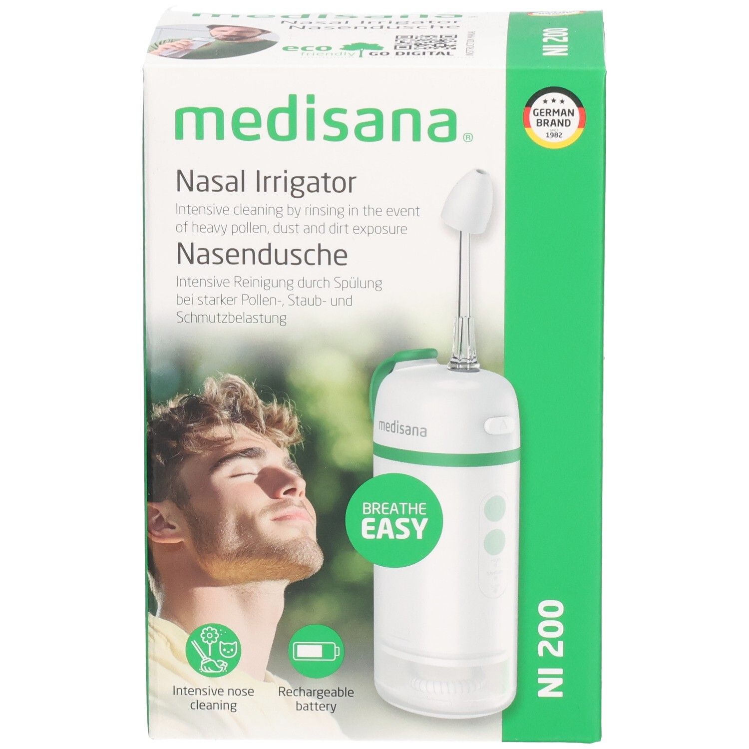 Verpakking van de neusdouche. Wit apparaat met groene accenten. Merk: medisana. Opschrift: NI 200. Met certificering.
