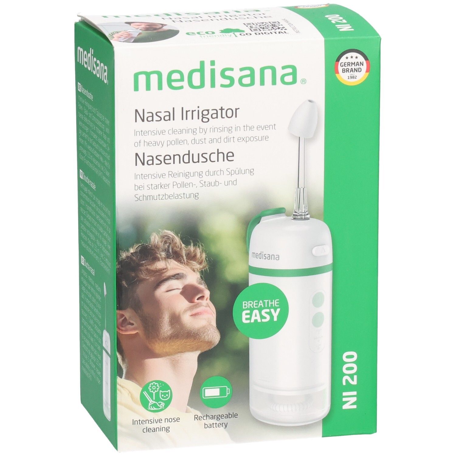 Verpakking van de neusdouche. Wit apparaat met groene accenten. Merk: medisana. Opschrift: NI 200. Met certificering.