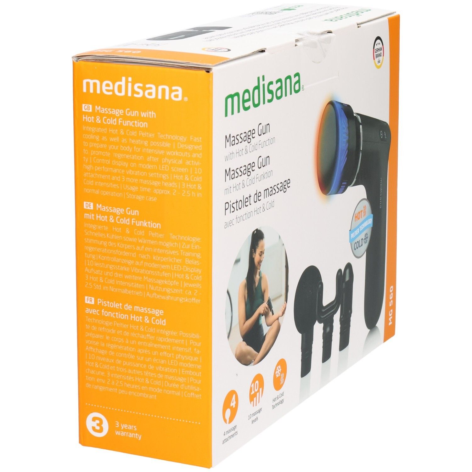 Verpakking van de massagepistool MG 560 van medisana. Zijaanzicht met productinformatie en 3 jaar garantie.