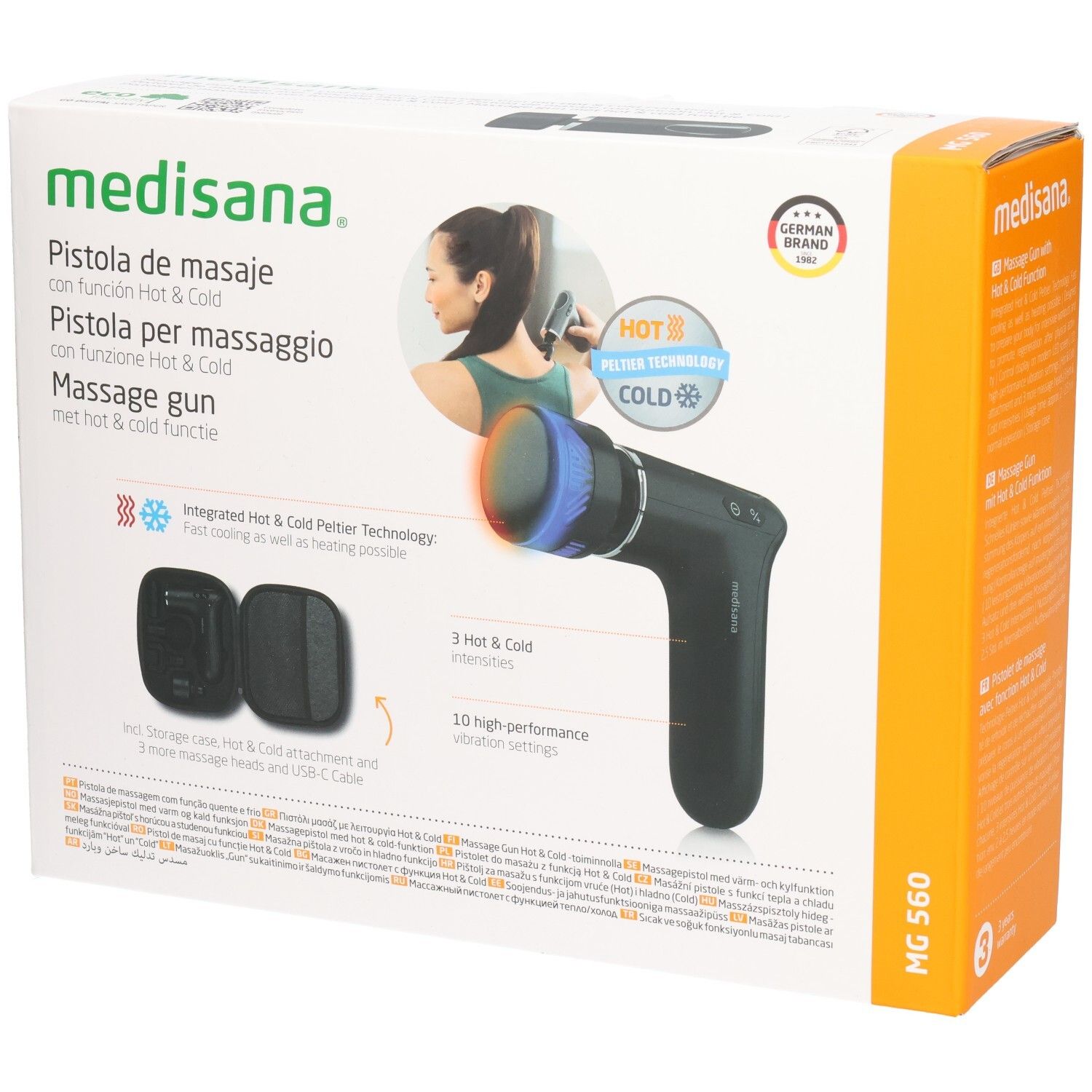Verpakking van de massagepistool MG 560 van medisana. Bevat massagepistool, 3 opzetstukken en accessoires. Met Hot & Cold functie.