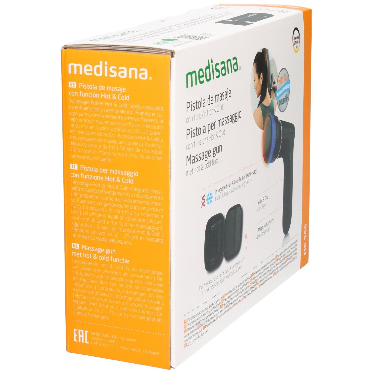 Verpakking van de massagepistool MG 560 van medisana. Zijaanzicht met productinformatie en 3 jaar garantie.