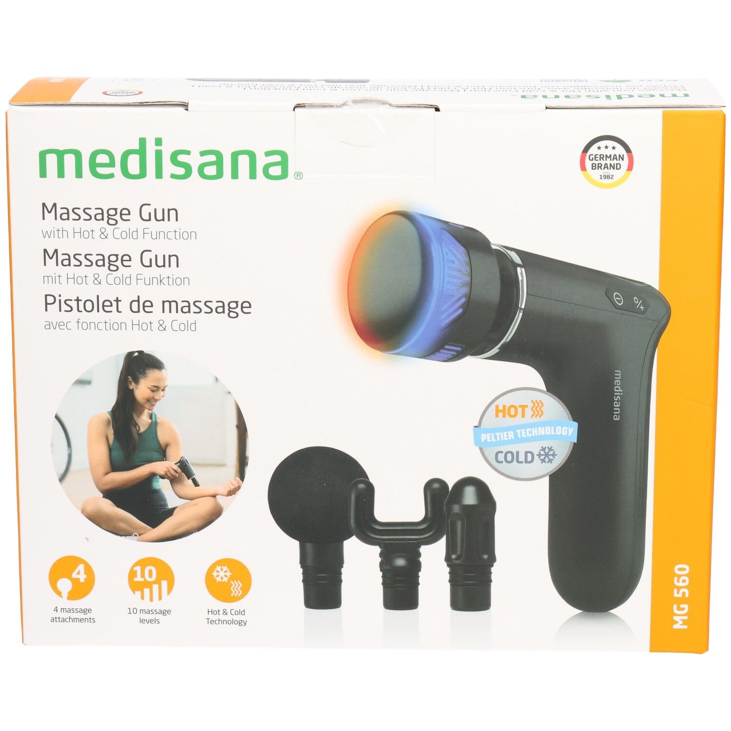 Verpakking van de massagepistool MG 560 van medisana. Bevat massagepistool, 3 opzetstukken en accessoires. Met Hot & Cold functie.