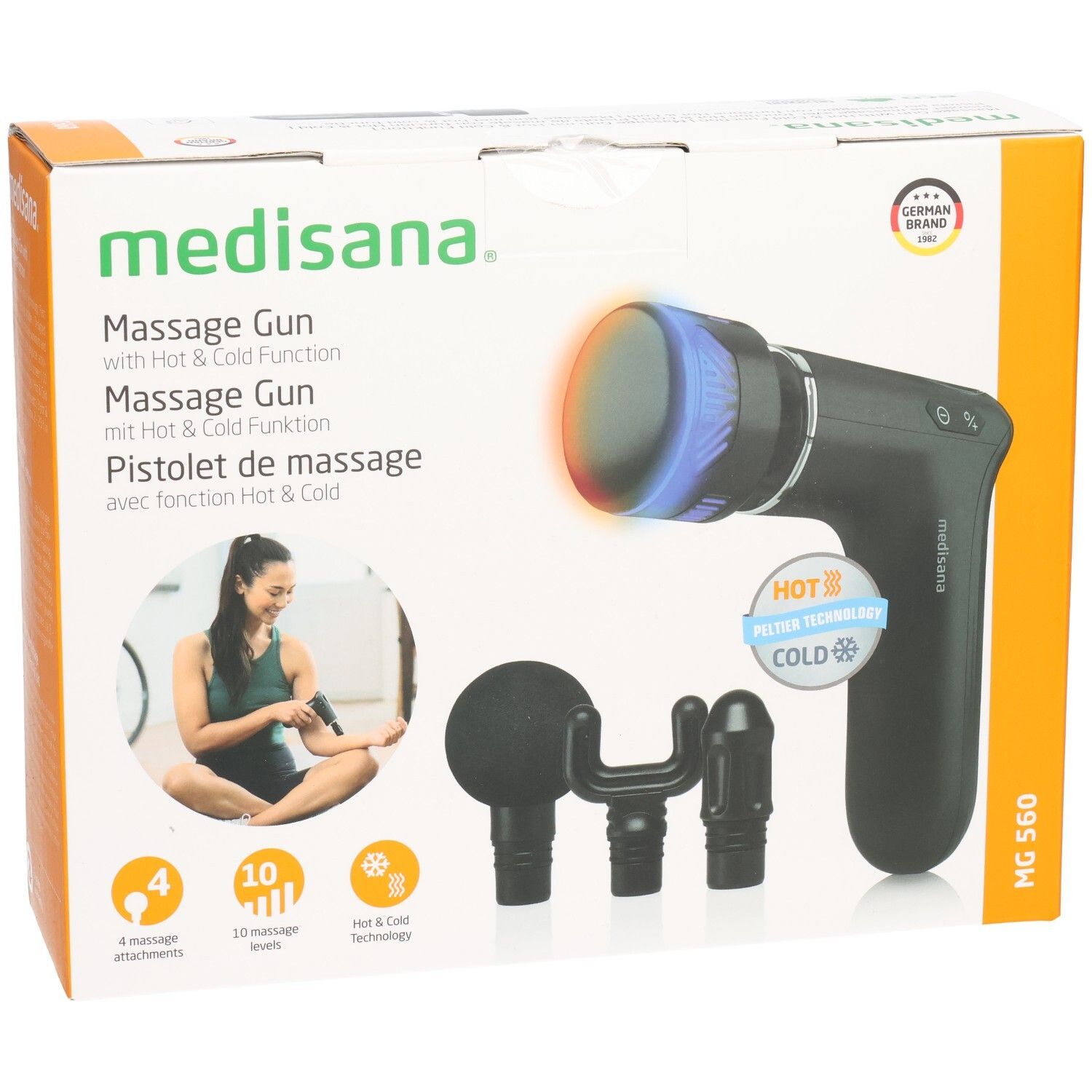 Verpakking van de massagepistool MG 560 van medisana. Bevat massagepistool, 3 opzetstukken en accessoires. Met Hot & Cold functie.