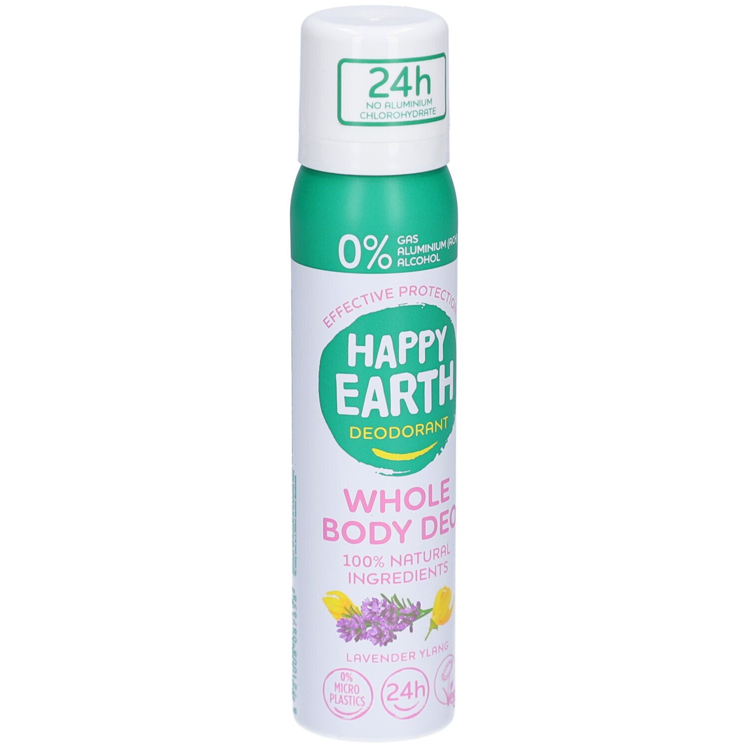 Spray déodorant Happy Earth, flacon blanc et vert. Inscription: Happy Earth, Déodorant, Whole Body Deo, 100% ingrédients naturels. Lavande Ylang.