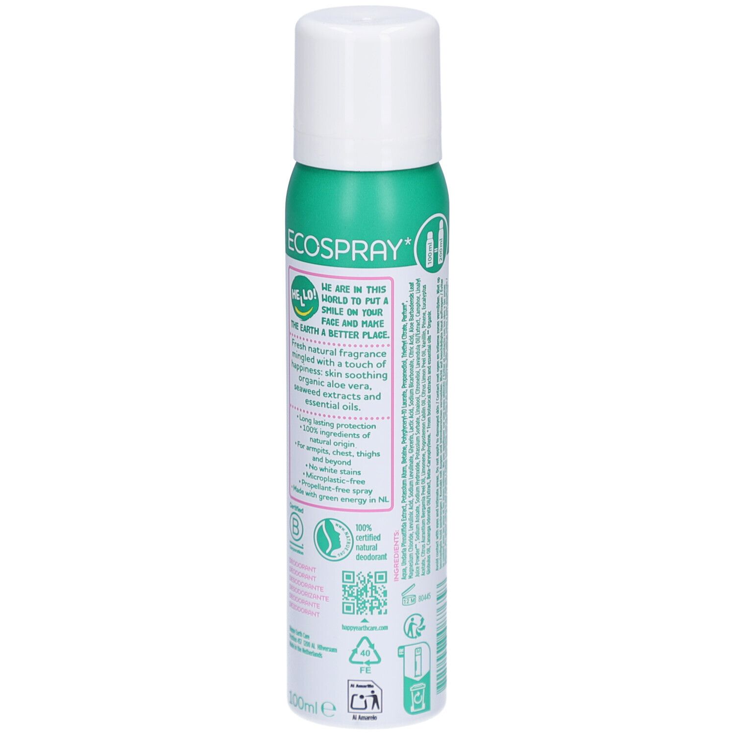 Spray déodorant Happy Earth, dos. Flacon blanc et vert. Texte: Ecospray, ingrédients, certifications, code QR. Bouchon vert avec inscription.