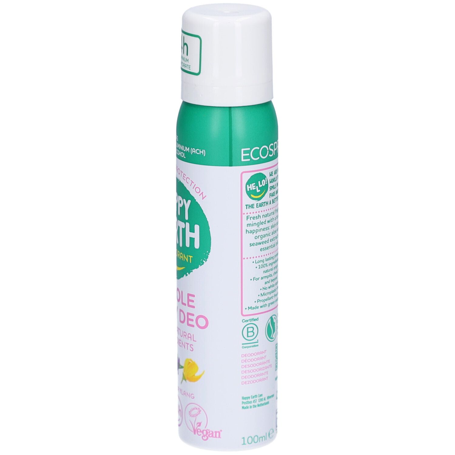 Vue latérale du spray déodorant Happy Earth. Flacon blanc et vert. Texte: Ecospray, ingrédients, certifications. Bouchon vert avec inscription.